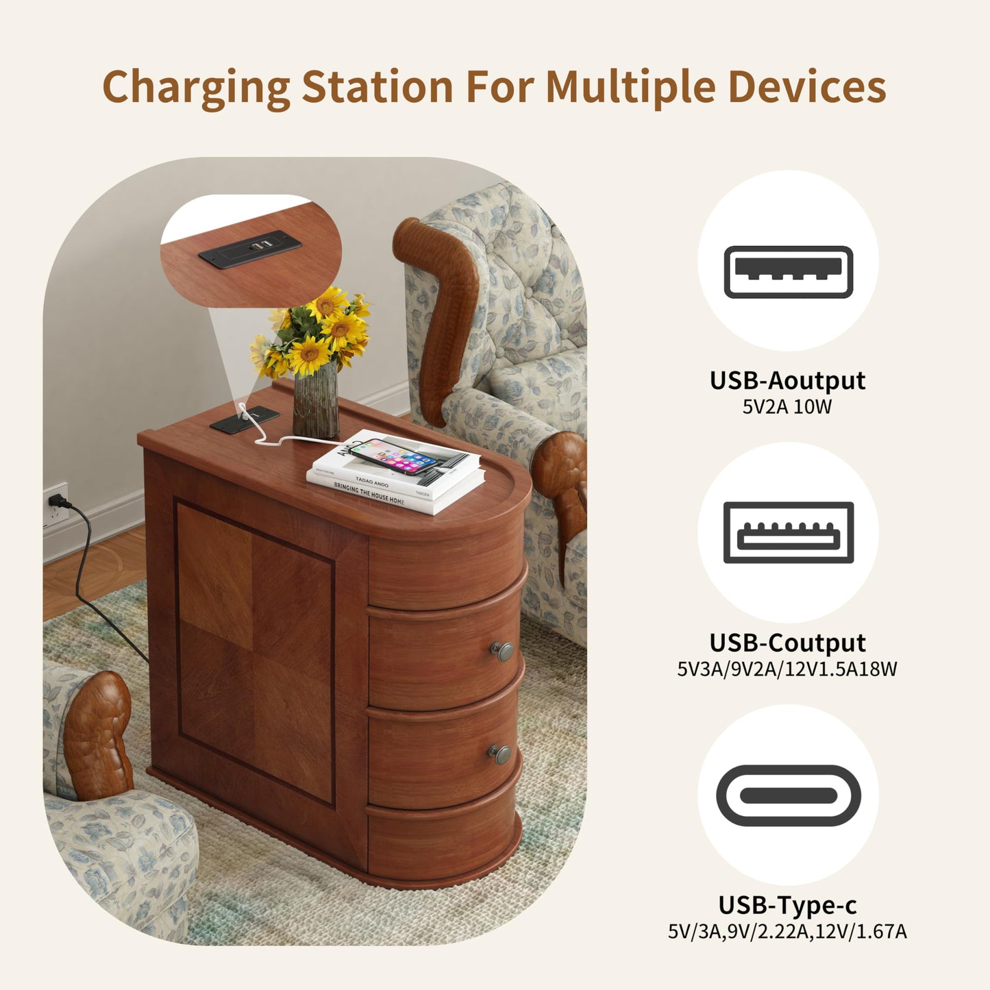 FAVSH Narrow End Table with Charging Station, Brown