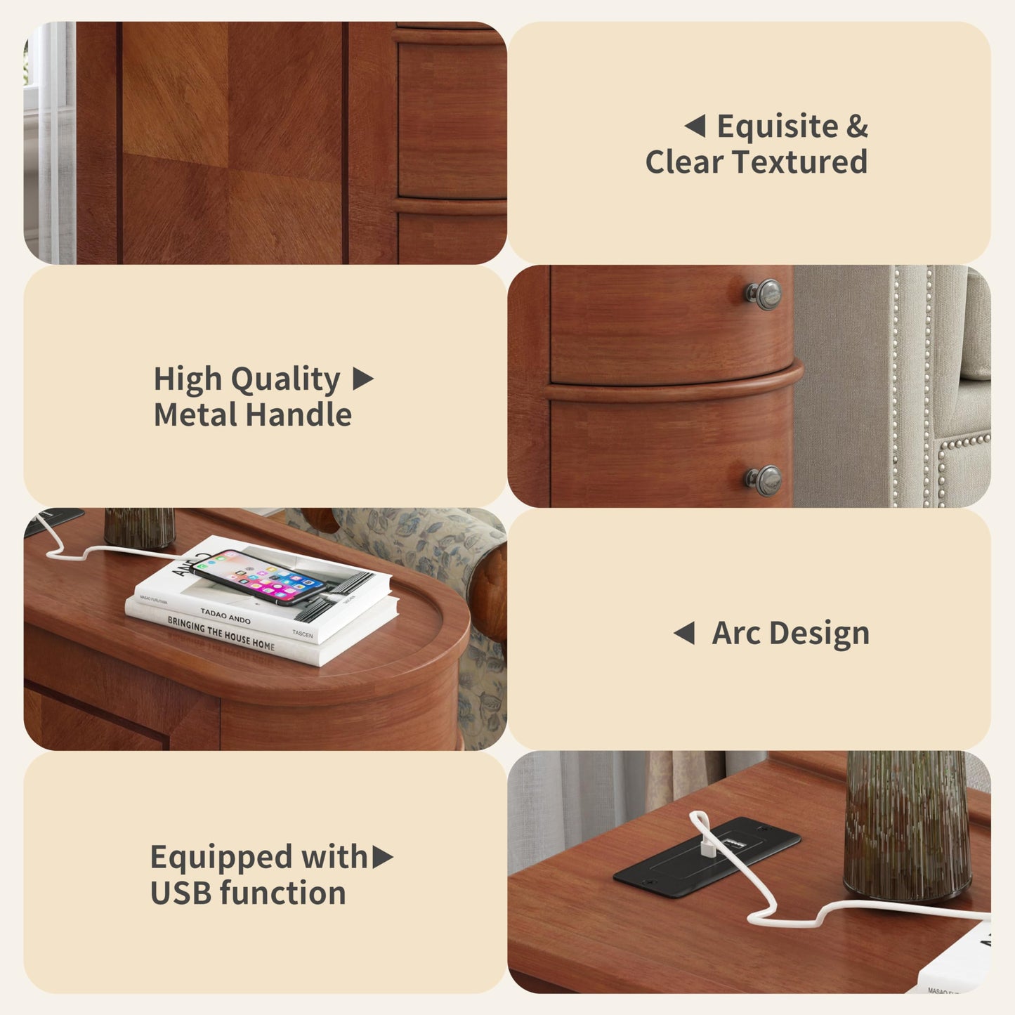 FAVSH Narrow End Table with Charging Station, Brown
