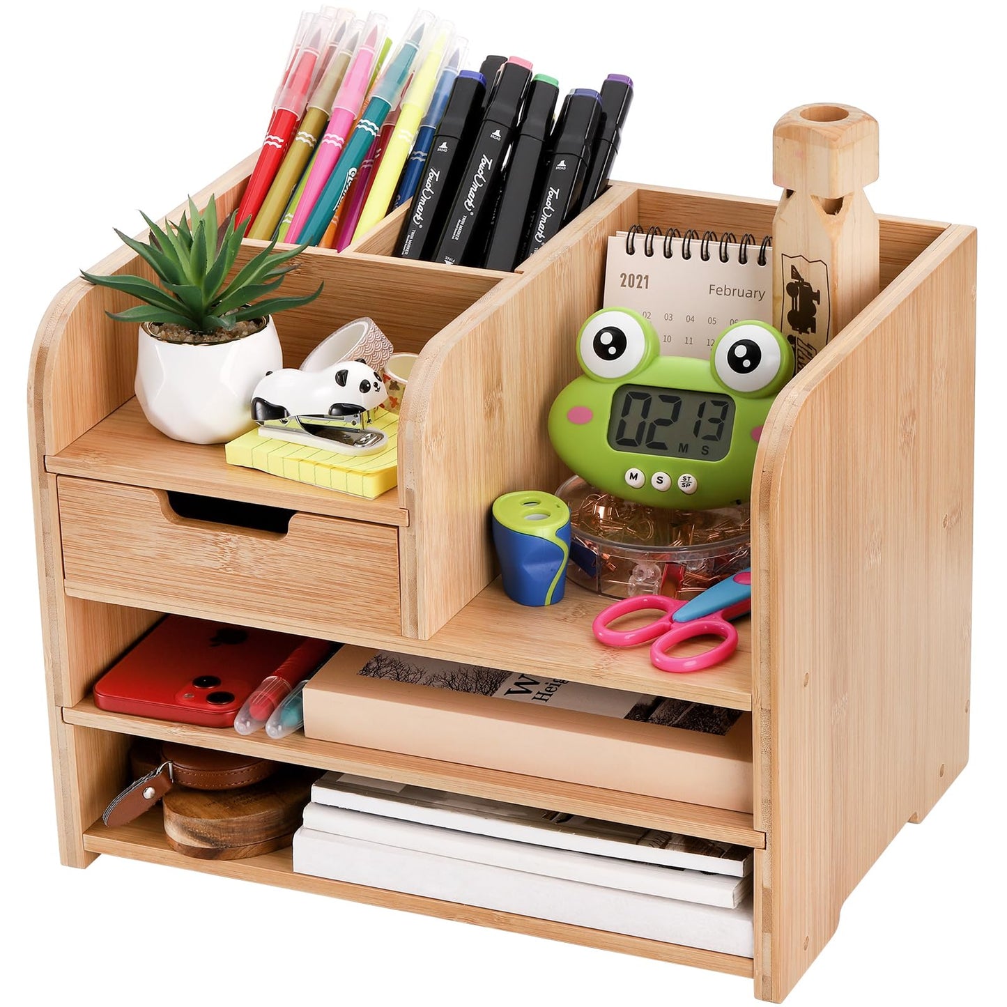 Frcctre Bamboo Desktop Organizer with Drawer, 3 Tier Wooden Desk File Document Organizer with Pen Holder, Tabletop Stationery Storage Organizer Storage Rack for Desk Accessories, Office Supplies