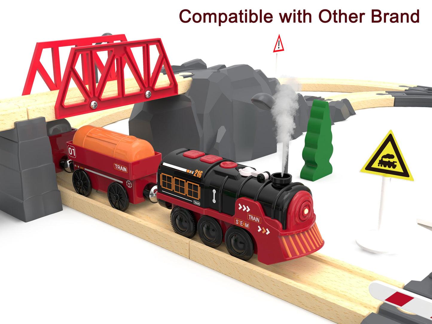 Toy Train Electric Train Set for Wooden Tracks, Christmas Motorized Train Toys for Toddlers, Battery Operated Train Includes Lights, Sounds, Smoke, Steam Train Compatible with Thomas, Brio