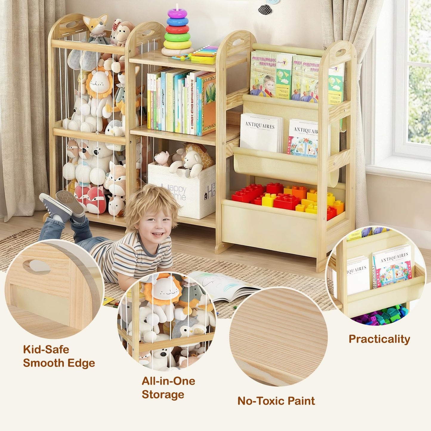 Orekemo Kids Bookshelf and Toy Storage Organizer, 3-Tier Book Shelf with Stuffed Animal Storage, Kids Toy Book Storage for Bedroom Playroom, Wooden Toy Organizer with 3 Shelves, 49.4" W