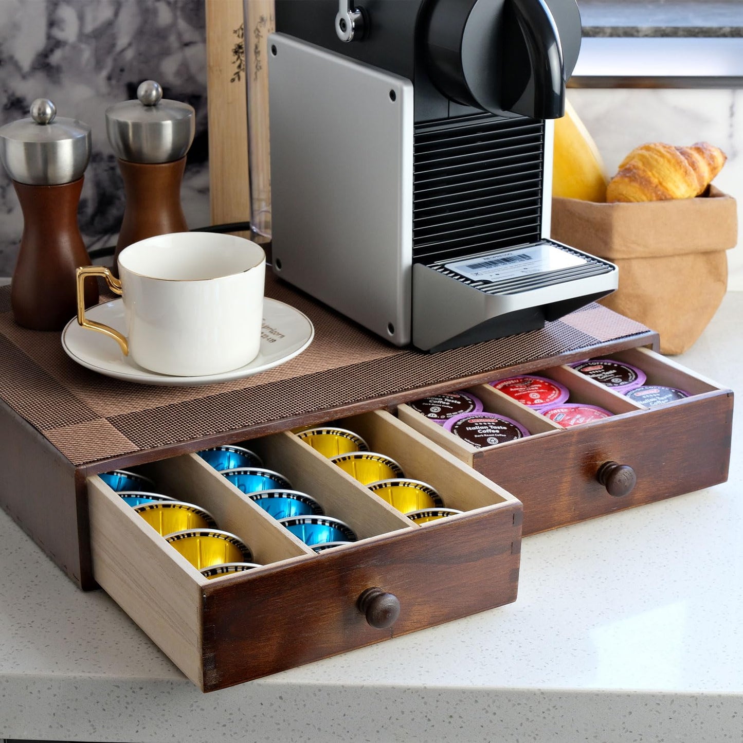 MonBel Wooden K Cup Organizer Coffee Pod Storage Box, Coffee Pods and Tea Organizer Holder, K Pod Drawer Coffee Maker Machine Stand, Kcup Drawer Organizer, 30 Pod Capacity
