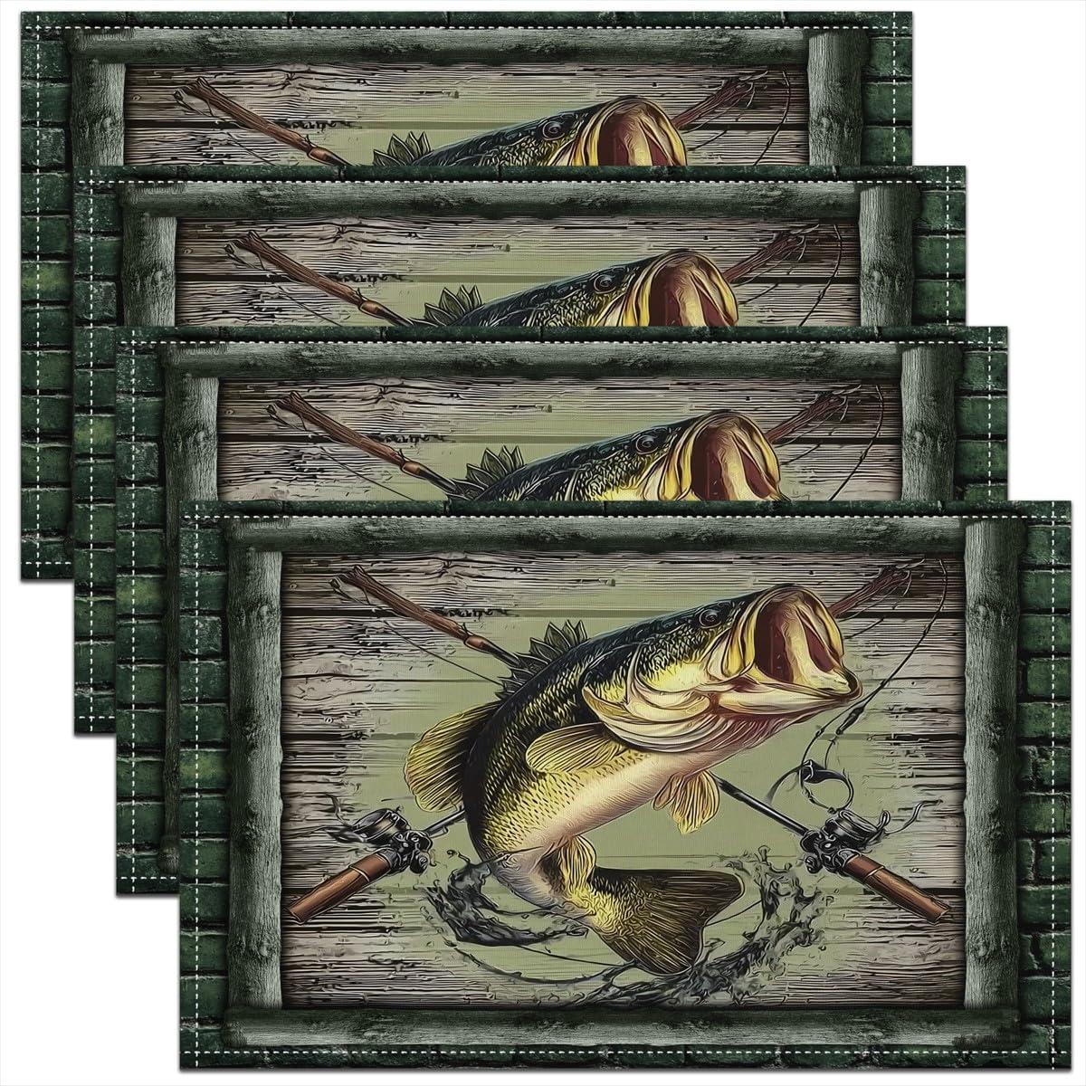 Bass Fish Placemats Set of 4,Hunting and Fishing Table Mats,Rustic Farmhouse Wooden Placemat for Kitchen Dining Table Retro Grey Green Dining Table Decor,18"x12"