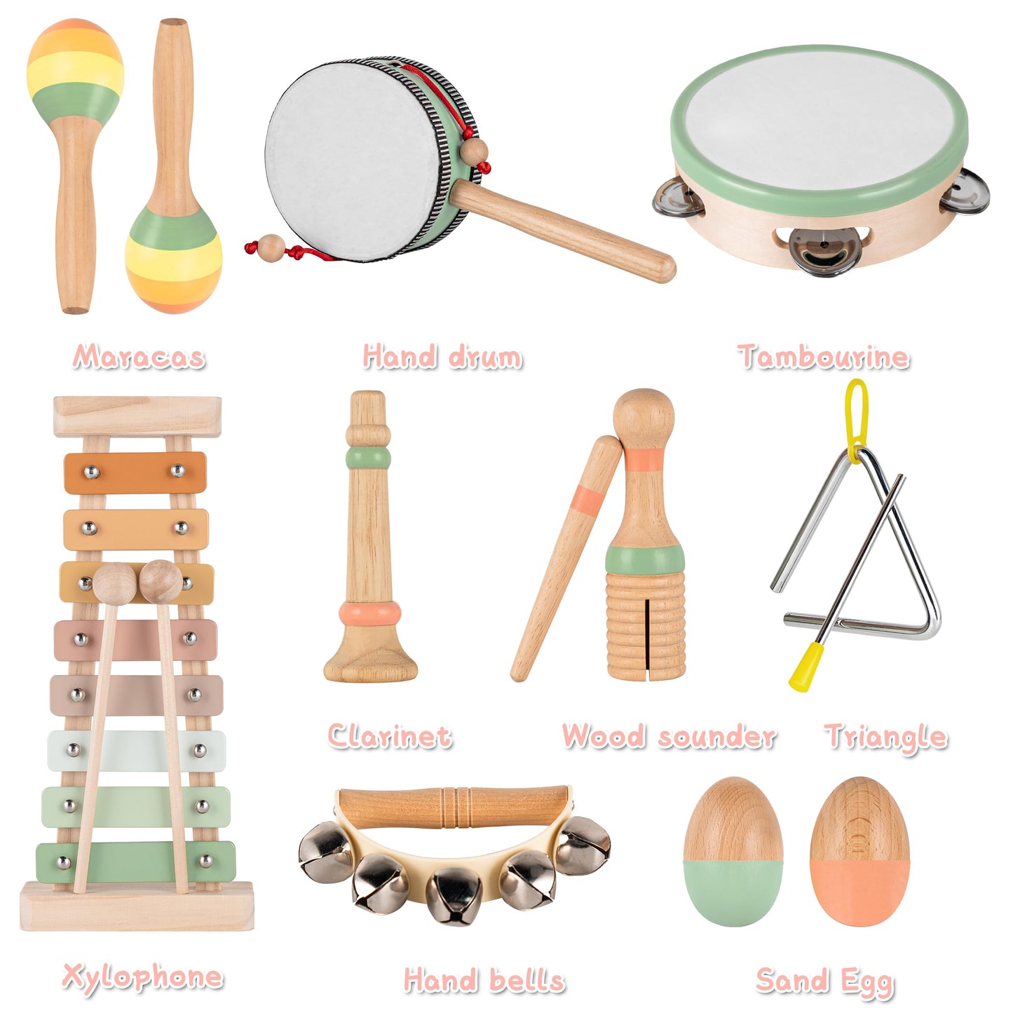 VINJOE Baby Musical Instruments-Toddler Montessori Wooden Musical Toys for Kids 1-3, Neutral Colors Percussion Instruments Set Early Learning Musical Toys for Preschool Educational Birthday Gifts