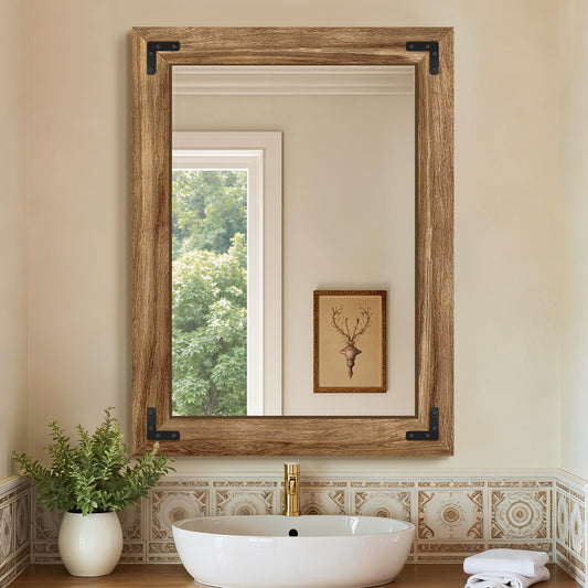 Wooden Bathroom Mirror for Wall, 32"x24" Solid Wood Frame Vanity Mirror, for Farmhouse, Bedroom, Living Room, Entryway Decor, Hangs Vertically or Horizontally