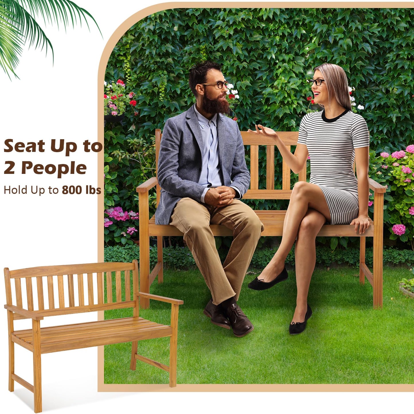 Tangkula Outdoor Acacia Wood Bench, 2-Person Garden Bench with Backrest and Armrests, Garden Bench with Slatted Seat for Porch, Park, Backyard, 800 Lbs Max Load, 43” L x 22” W x 34” H, Natural