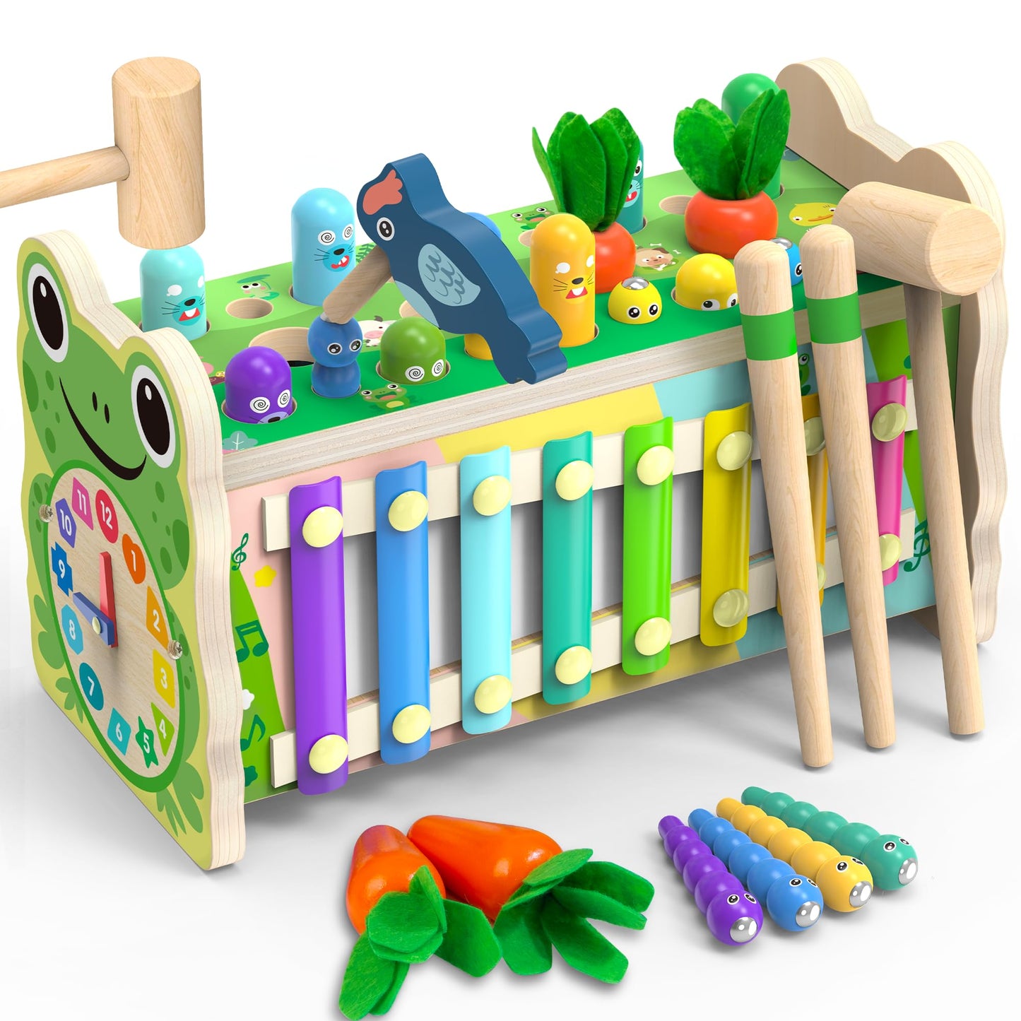 Amtreen 6-IN-1 Wooden Montessori Toys for 1 Year Old, Mole-Tapping Game | Play the Xylophone | Frog Clock | Carrot Harvest Game | Spinning Gear, Toddler Toys Aged 1-3, Baby Toy Gift for Early Learning