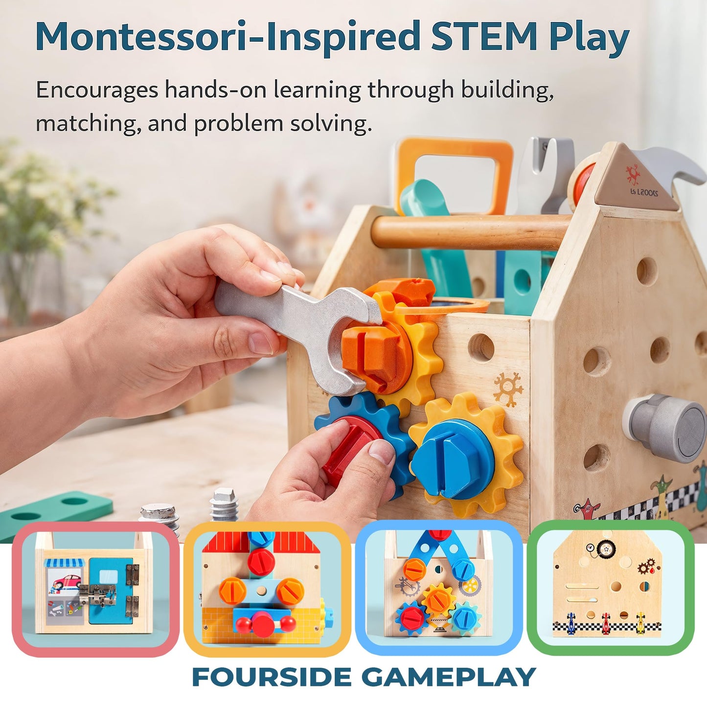 puzgic Educational Stem Kid Toys – Wooden Tool Set 4-in-1 Activity Board with Latches, Screw Assembly, Gear Game & Storage – Pretend Construction Toy for 3, 4,5,6,7 Years Boys & Girls