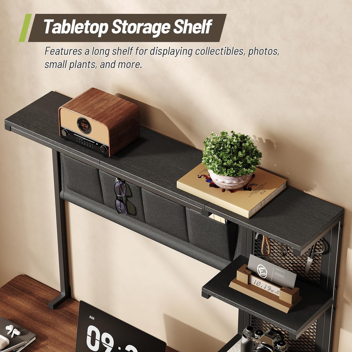 STHYTON Clamp On Desk Shelf, 3-Tier Above Desk Extender with Pegboard & Hooks, Metal & Wooden Desktop Bookshelf & Organizer, Tabletop Storage Rack for Office Accessories, 38.3" W x 33" H, Black