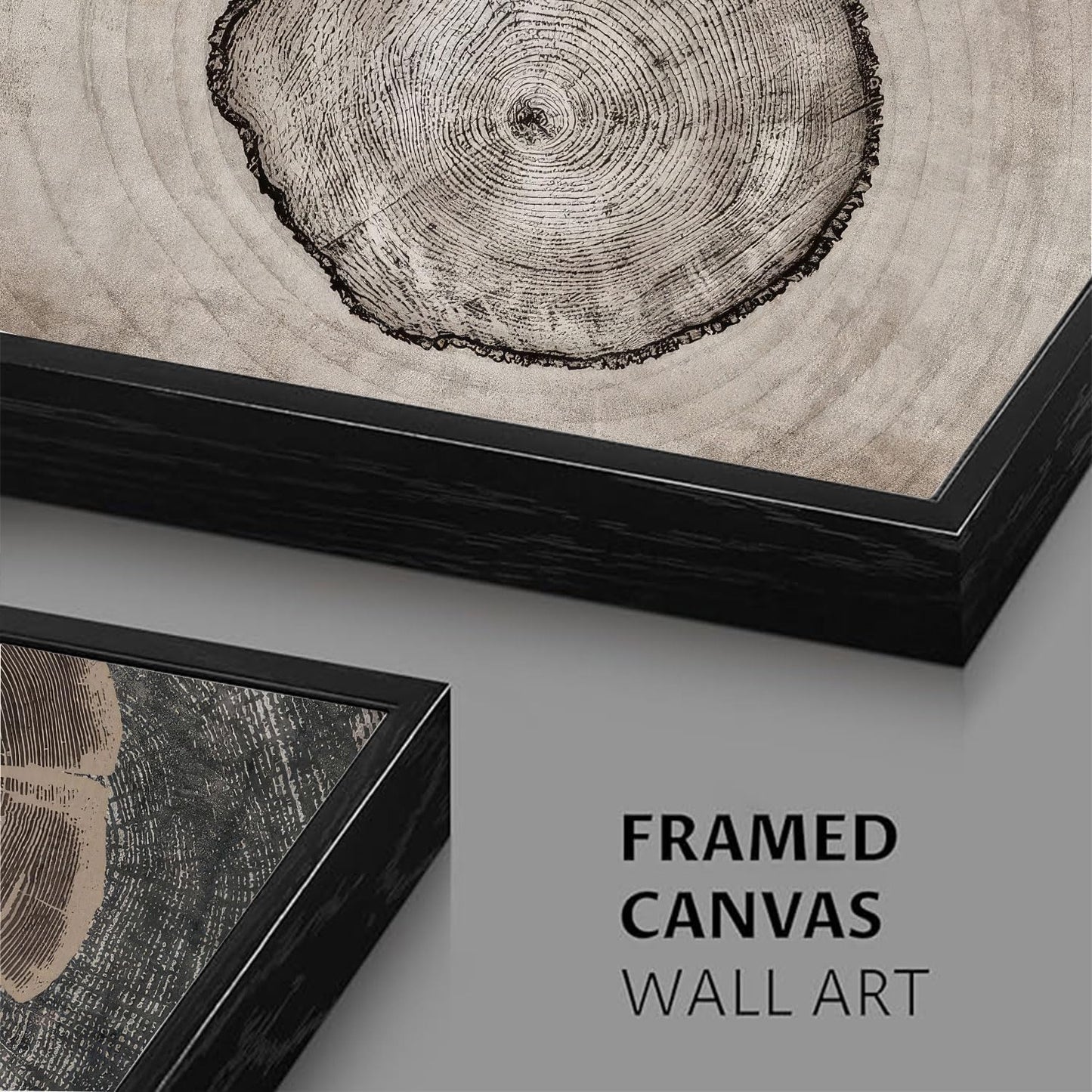 okudolit Tree Rings Canvas Wall Art Set Large Framed Modern Wood Stump Paintings Neutral Abstract Black Beige Wall Decor Forest Nature Art Print for Living Room Bedroom Dining Room Office-16 x24 x3