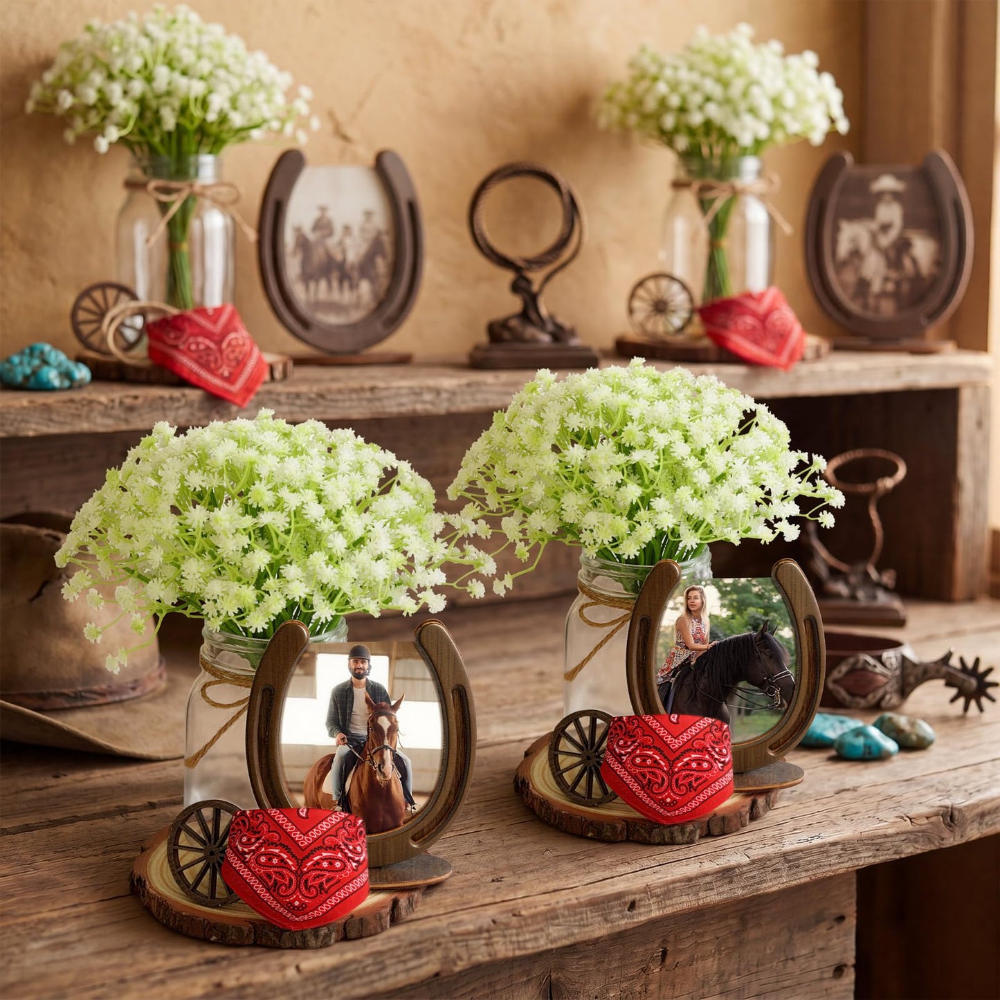 Bucherry 6 Sets Western Cowboy Centerpieces for Table Wild Cowgirl Rodeo Party Decorations with Wood Chips Wheels Mason Bouquets Ropes Horseshoe Headscarves for Wedding Party Birthday Decor(Classic)