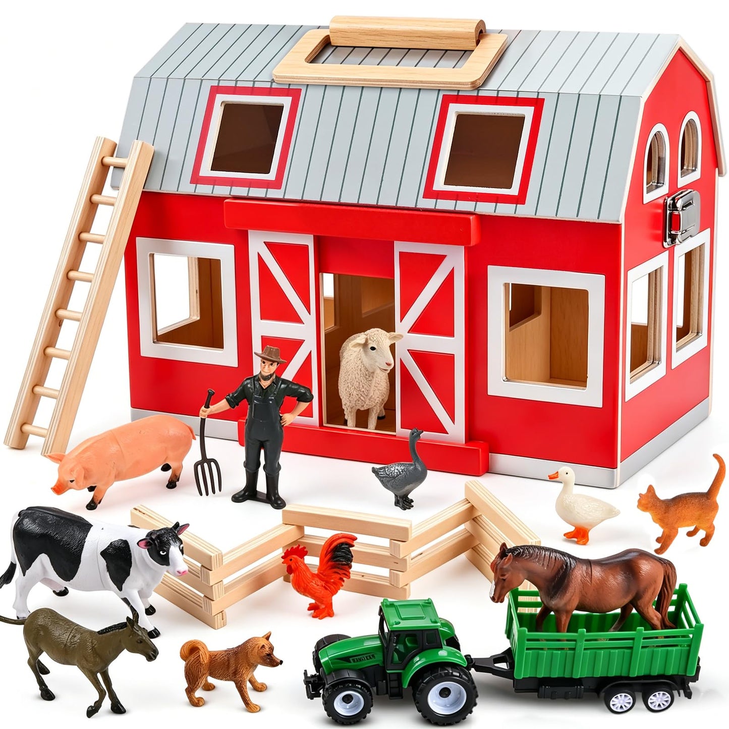 WoodTrove Wooden Barn Toys, Play Barn with 12 Animal Play Figures for 3+ Years Old, Toy Barn and Farm Animals，Wooden Barn Playset for Christmas Birthday Gift for Boys Girls