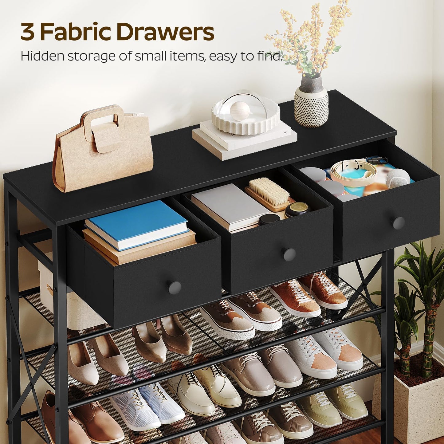 YATINEY 5-Tier Shoe Rack with 3 Drawers and 12-Tier Tall Shoe Rack Organizer, Wooden Shoe Storage for Closet Holds 48 Pairs, Sturdy Shoe Shelf SS35BB-SS212BB