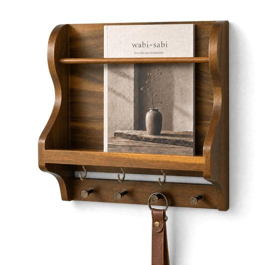 Rebee Vision Acacia Wood Mail Organizer Wall Mount for Home Decor - Decorative Mail Holder for Wall with 4 Hooks for Key, Sunglass & Wallet - Rustic Magazine Holder for Entryway, Living Room (Acacia)