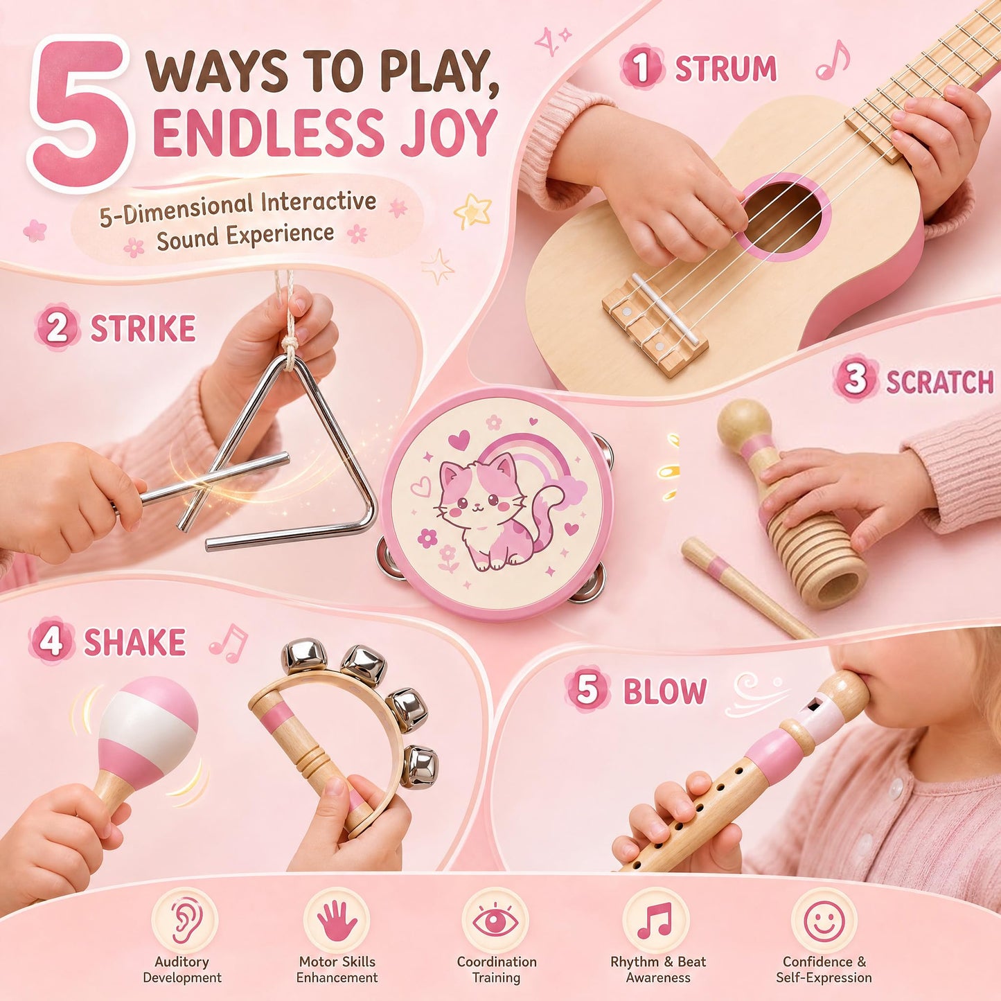 Soundo Kids Musical Instruments Set - 7P Toddler Ukulele for 2+ Year Old Boys Girls, Birthday Gifts for Kids 2 - 5, Christmas Wooden Toys, Party Kit with Ukulele, Maracas, Tambourine (Pink)