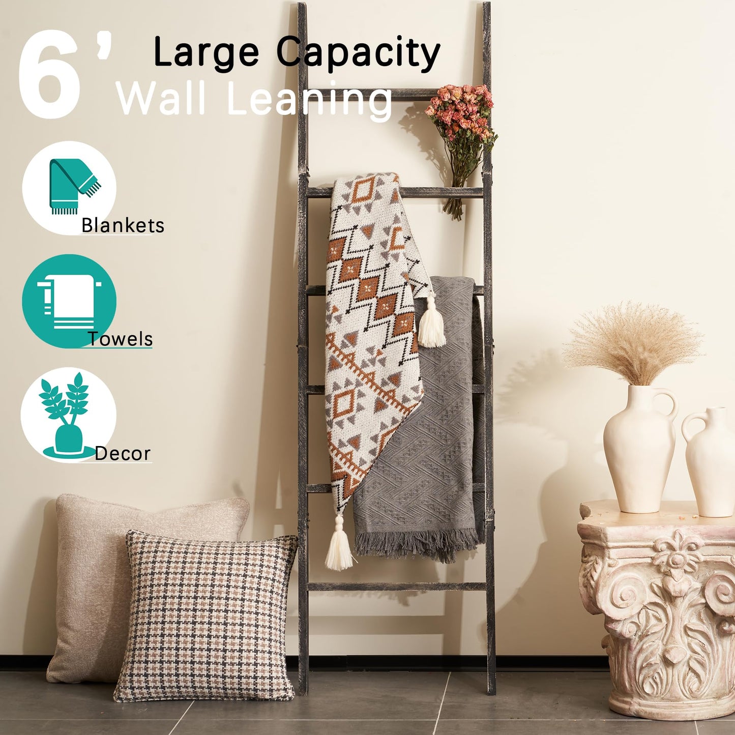 Blanket Ladder for The Living Room 6-Tier, Wooden Decorative Quilt Holder for Bed Room, Wall-Leaning Wood Towel Rack for Bathroom，Rustic Farmhouse Ladders for Display.(Black Wash)
