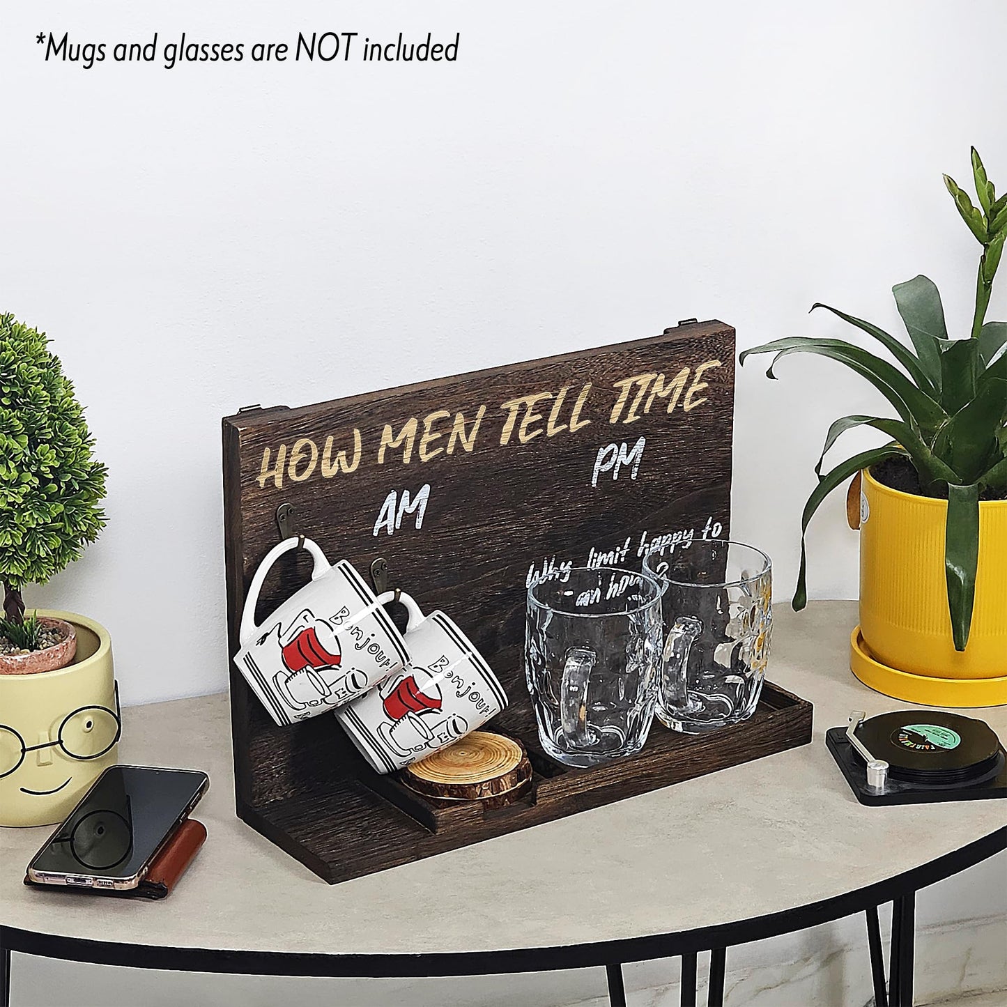 Wall Mounted or Tabletop Wooden Drinkware Board | AM/PM Coffee Mug and Alcohol Glass Holder | Funny Gift for Men, Dad, Husband, Christmas - Fits Wine, Whiskey, Beer Glasses | Glasses Are Not Included