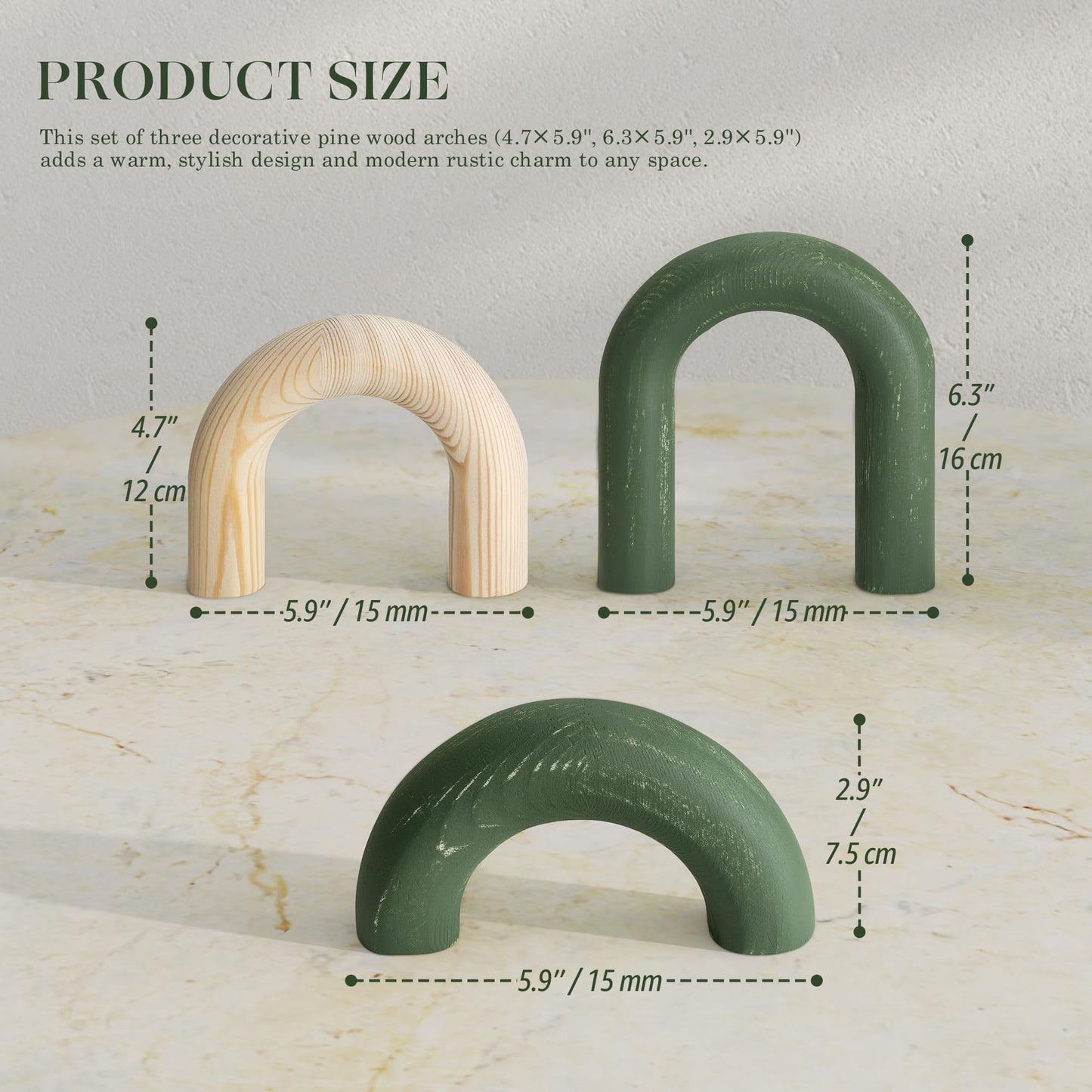 EOSAHR Pine Wooden Arch Decor Set for Bookcase Decor - Wood Sculpture for Coffee Tables, Side Tables & TV Consoles - Decorative Objects for House Aesthetic (Green & Yellow)