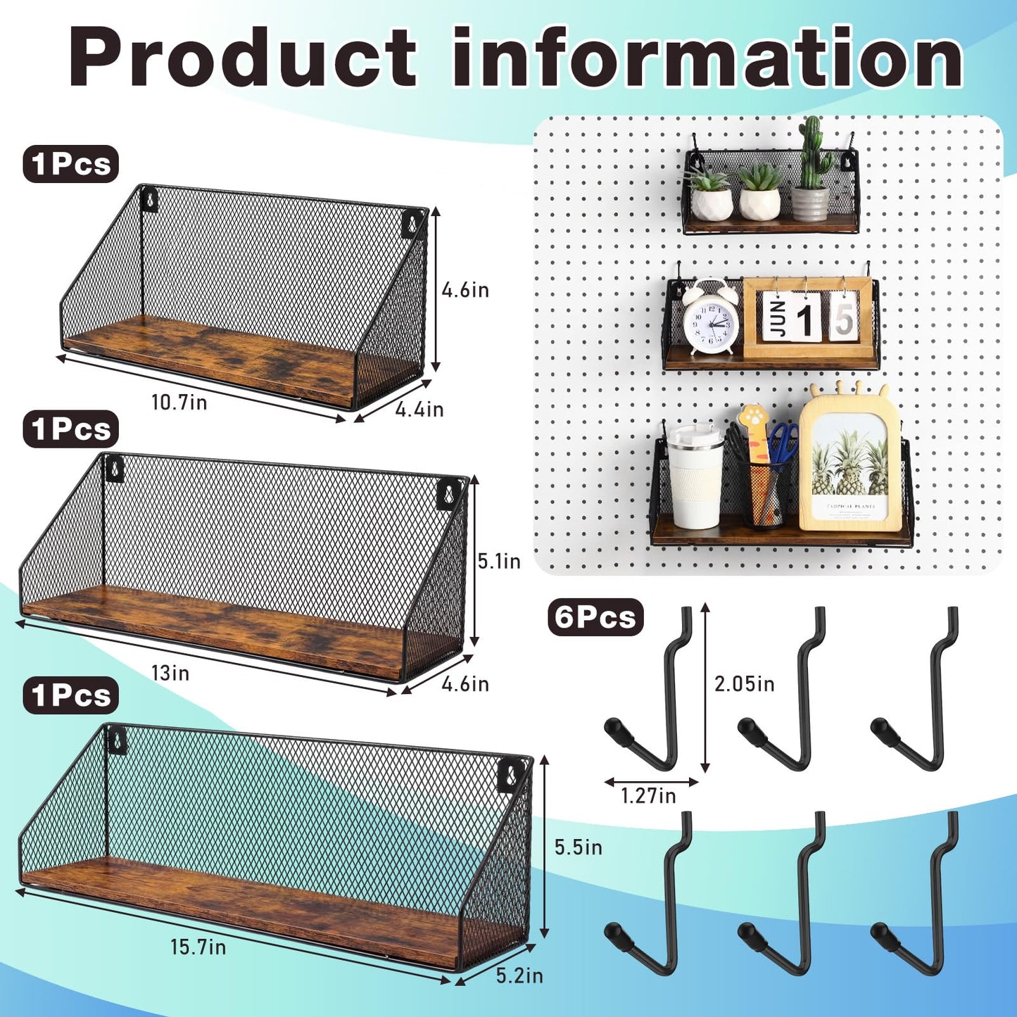 Ferrochef 3 Pack Pegboard Shelves with Hooks, Wall Mounted Grid Shelves, Pegboard Organizer Bins with Wooden Base, Heavy Duty Peg Board Storage Accessories for Kitchen, Bathroom, Garage, Office(Black)