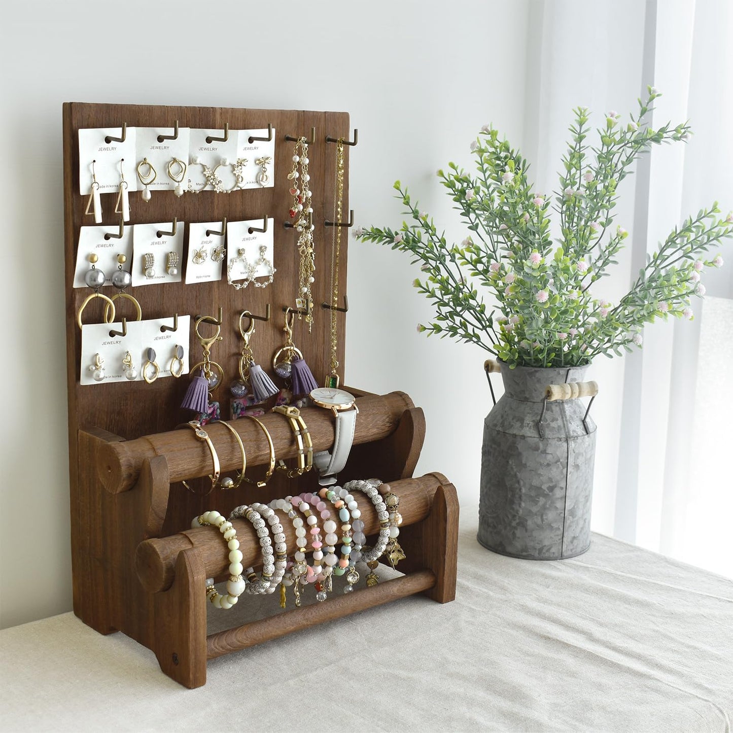 Ikee Design 18 Hooks and 2 Removable Bars Wood Jewelry Holder Organizer Stand, Earring Bracelet Jewelry Display Stand Organizer, Necklace Bracelet Holder, Brown Color