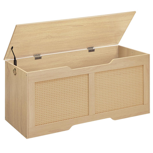 HOOBRO Storage Bench, 43.3" Toy Box, Rattan-Like Storage Chest, Sturdy Entryway Bench Supports 220 lb, Toy Chest, Safety Hinge, U-Shaped Opening, Easy Assembly, Natural NL22CW01