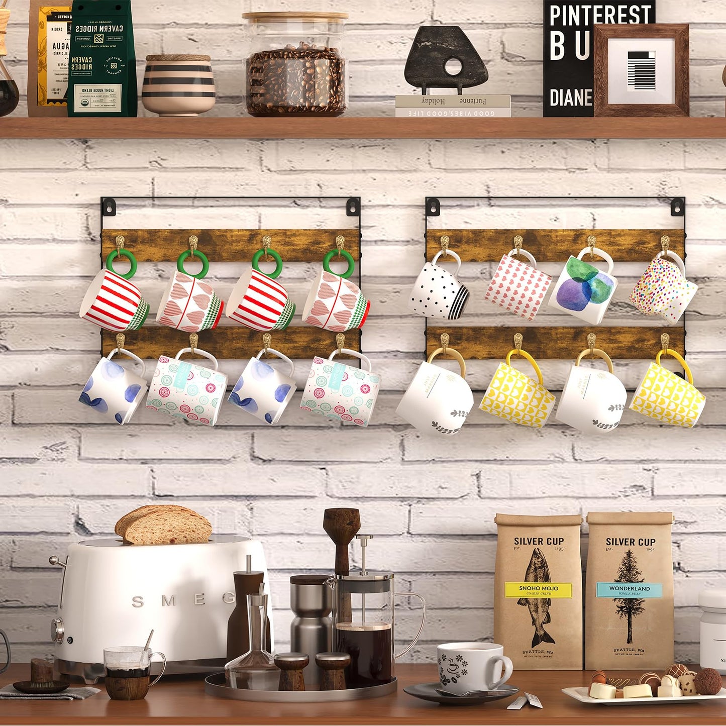 Huxitocan Wall Mount Coffee Mug Holder - Rustic Wood and Iron, Holds Up to 24 Mugs (3Pack) for Kitchen, Home, Coffee Bar