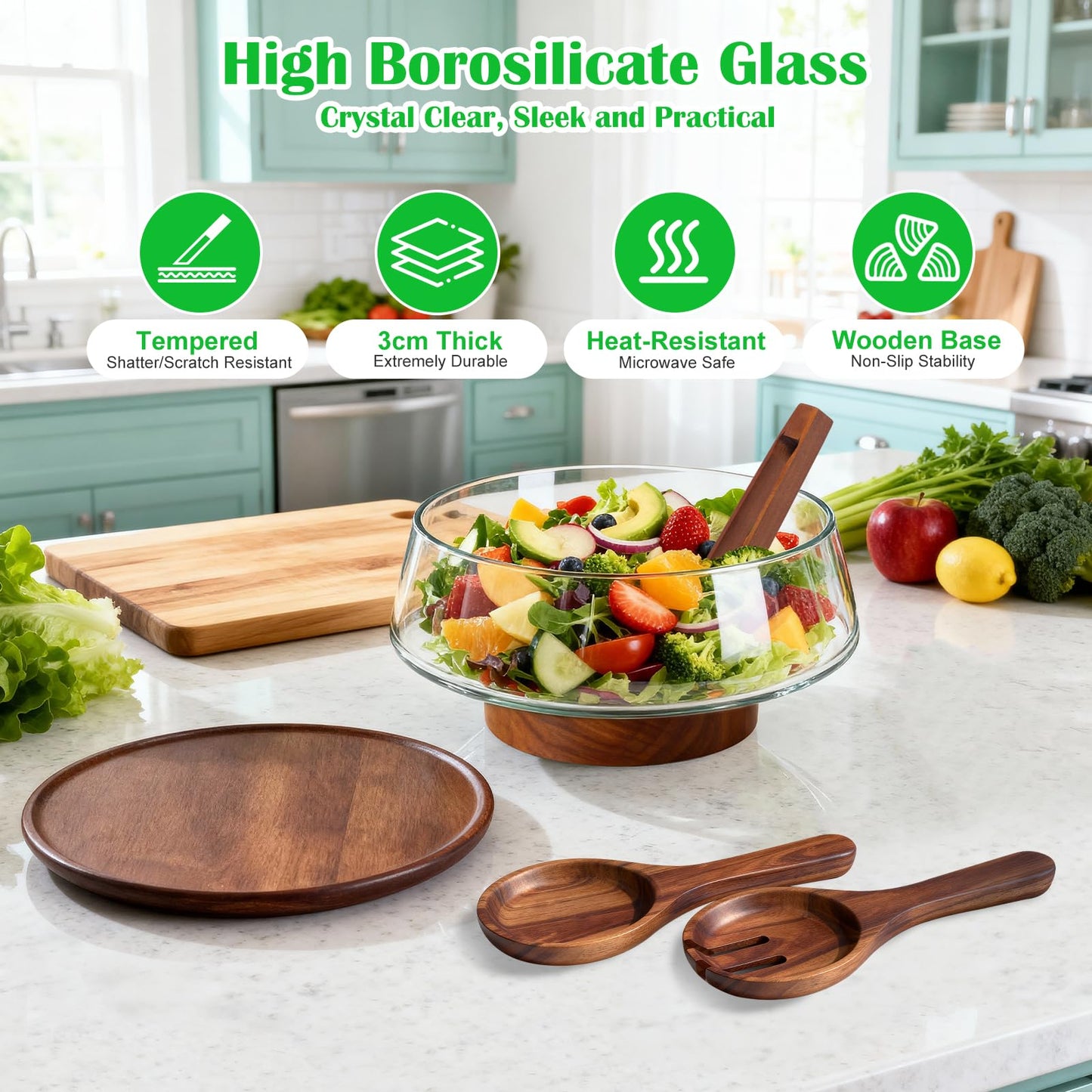 Airsent Extra Large Glass Salad Bowl with Lid Set, 5-Qt (160 fl oz) Mixing/Serving Bowl with Wood Base & Salad Servers, Trifle Bowl for Kitchen, Parties & Christmas