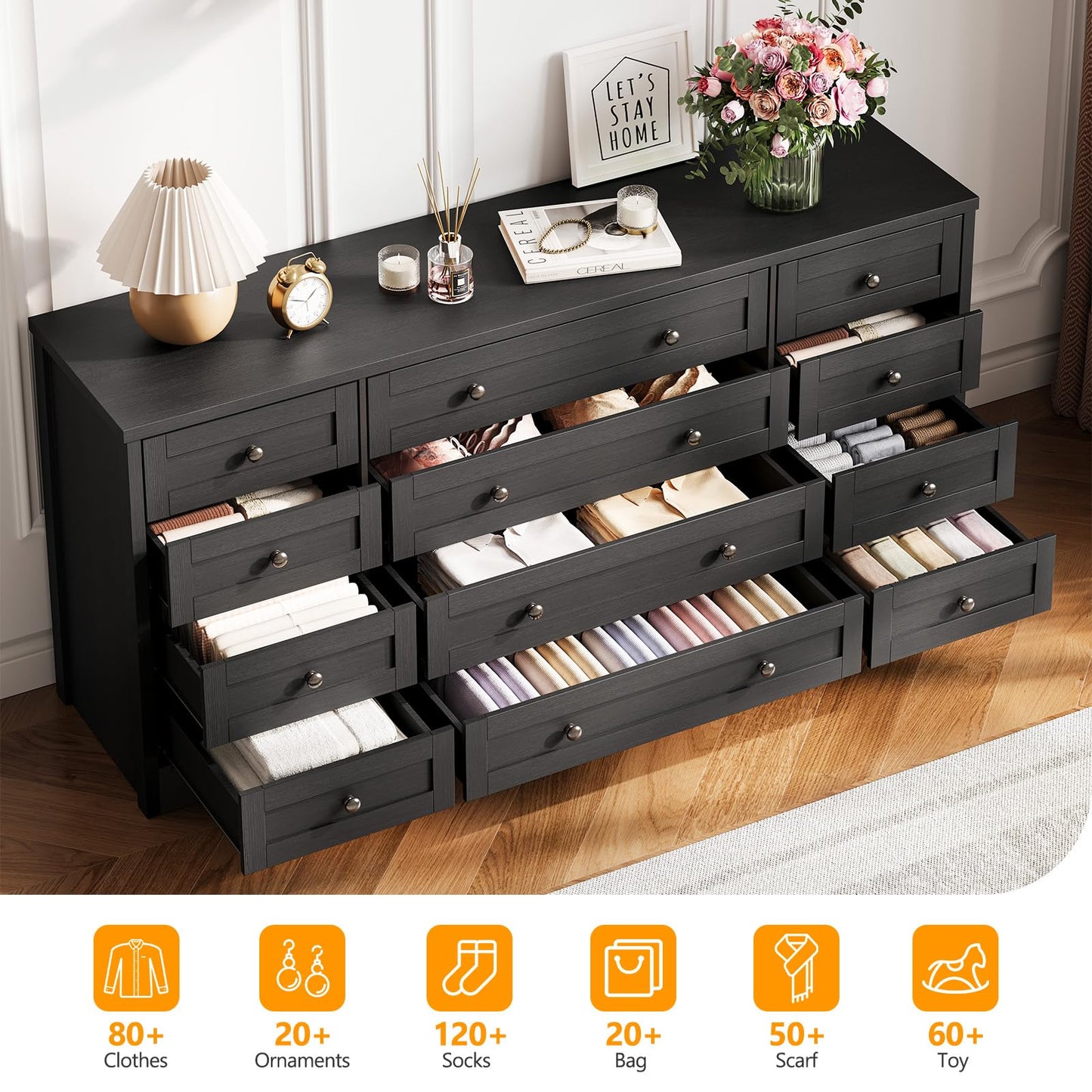 Garvee 12 Drawer Wooden Dressers for Bedroom, Black Dresser for Adult Bedroom, Modern Wood Chest of Drawers for Living Room, Closet, Entryway, Hallway, Farmhouse Wide TV Stand for 65 Inch TV