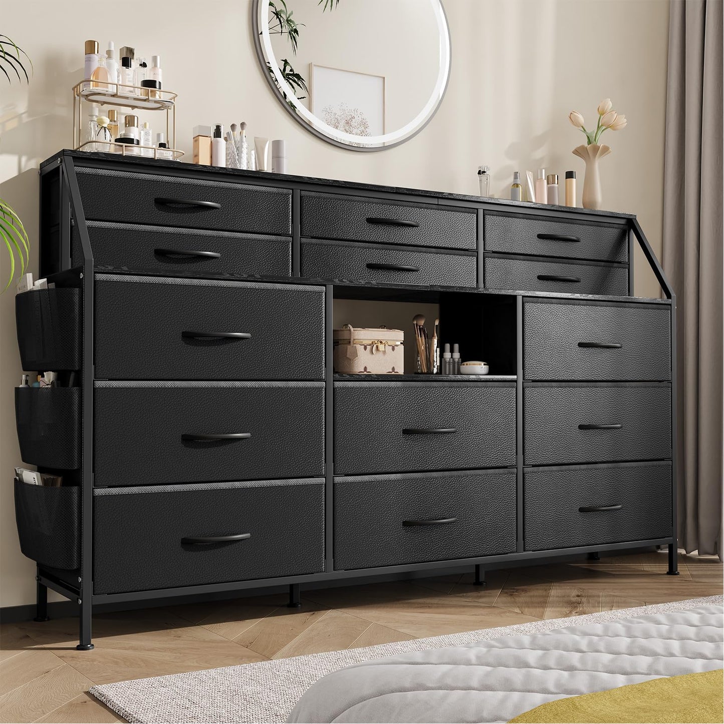 GarveeHome Dresser for Bedroom with 14 Drawers, 55 in W Dresser with Side Pocket, Fabric Dressers & Chests of Drawers with Shelves, Sturdy Frame, Wood Top