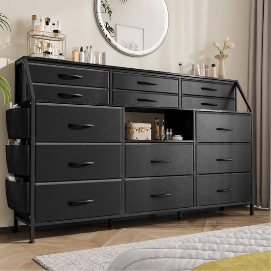 GarveeHome Dresser for Bedroom with 14 Drawers, 55 in W Dresser with Side Pocket, Fabric Dressers & Chests of Drawers with Shelves, Sturdy Frame, Wood Top