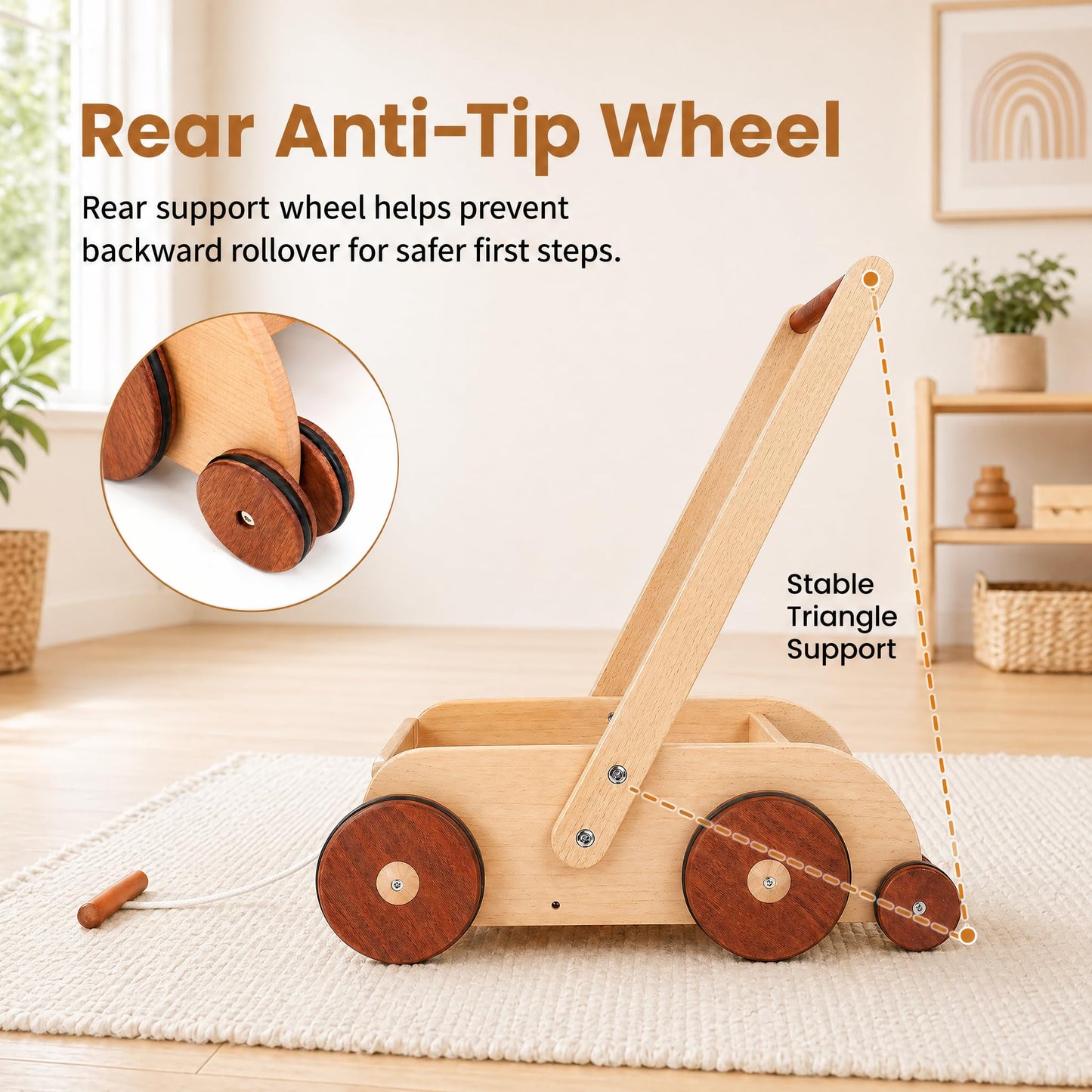 Woodtoe Wooden Baby Walker, Adjustable Speed Anti-Rollover Push Walker Toy for Babies Learning to Walk, Natural Toddler Push and Pull Toys Wagon, Montessori Birthday Toy Gift for Boy Girl 1 2 3 Years