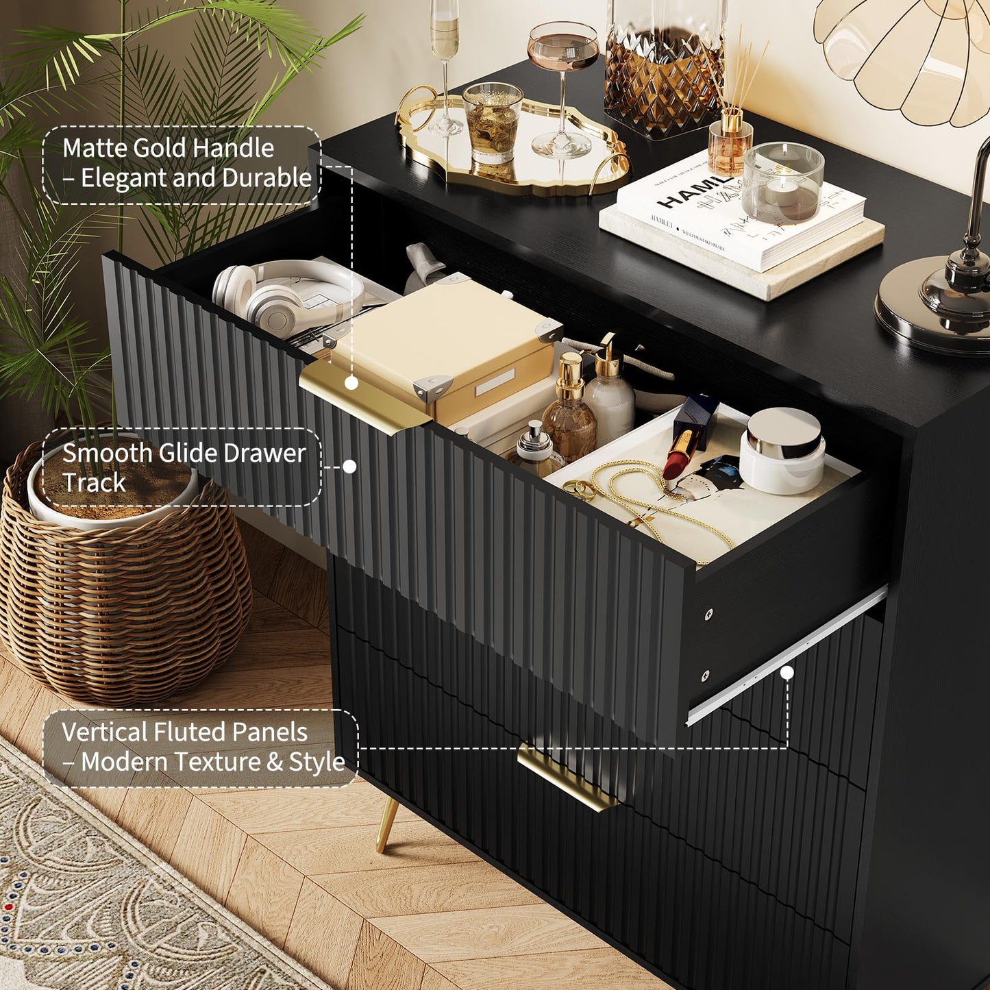 GarveeHome Fluted Dresser for Bedroom with 4 Drawers,32" Wide Modern Chest of Wooden Bedroom Chest with Metal Handle,Clothes Storage Organizer,Dresser & TV Stand for Living Room,Black
