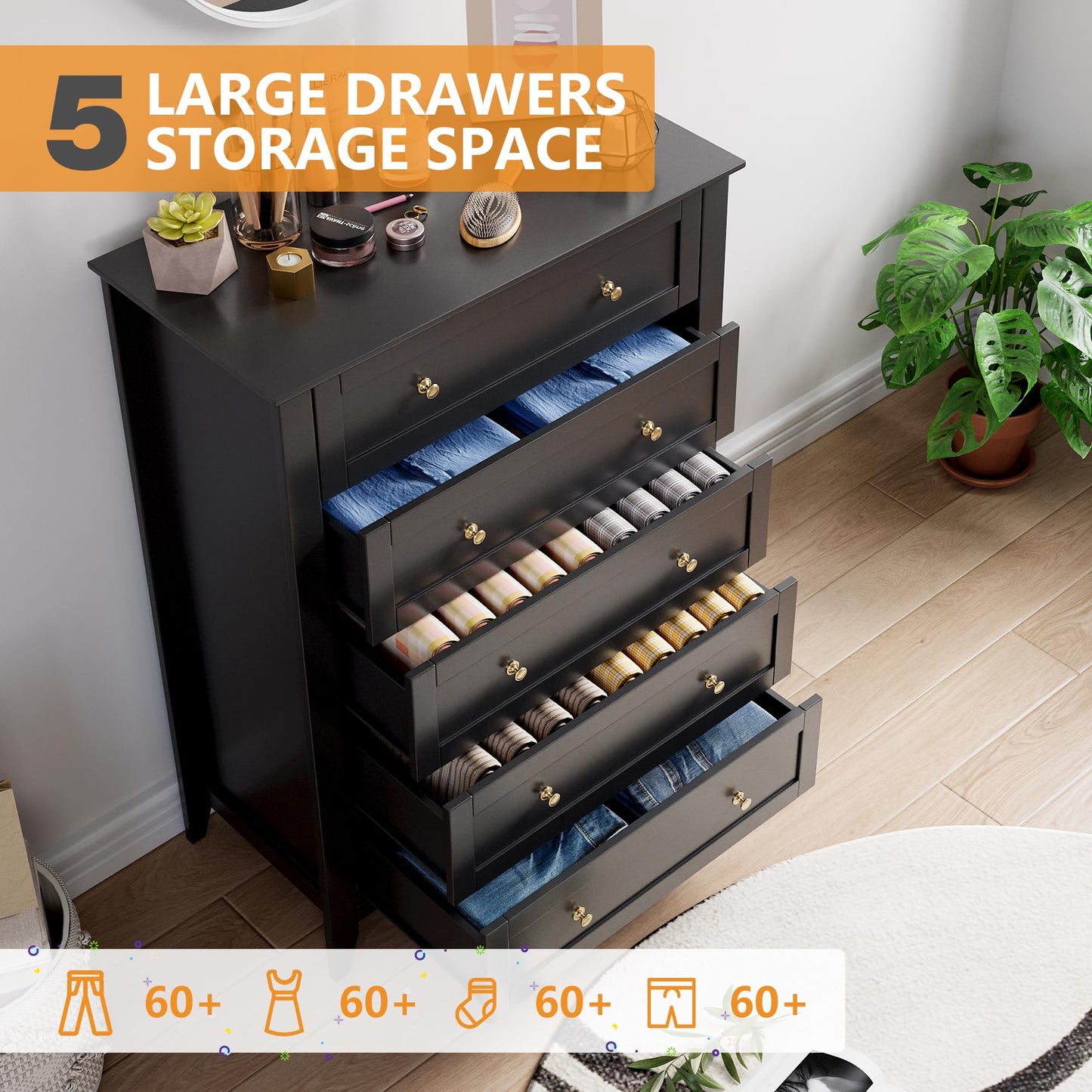 IDEALHOUSE 5 Chest of Drawer Dresser, Modern Wood Organizer Dresser Storage Cabinet with Drawers for Bedroom, Living Room, Entryway, Black