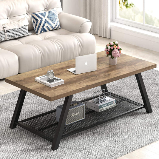 FOLUBAN Coffee Table with Storage, Modern Rustic Wood and Metal Coffee Tables for Living Room, Industrial 2-Tier Center Tea Cocktail Table, Oak, 47 Inch