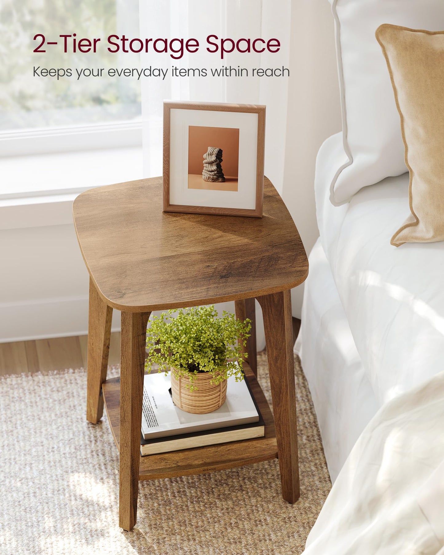 VASAGLE MAEZO Collection - Side Table, 2-Tier Small Square End Table, Nightstand with Tapered Legs, Curved Transitions, for Small Spaces, Living Room, Bedroom, Honey Brown ULET236K01