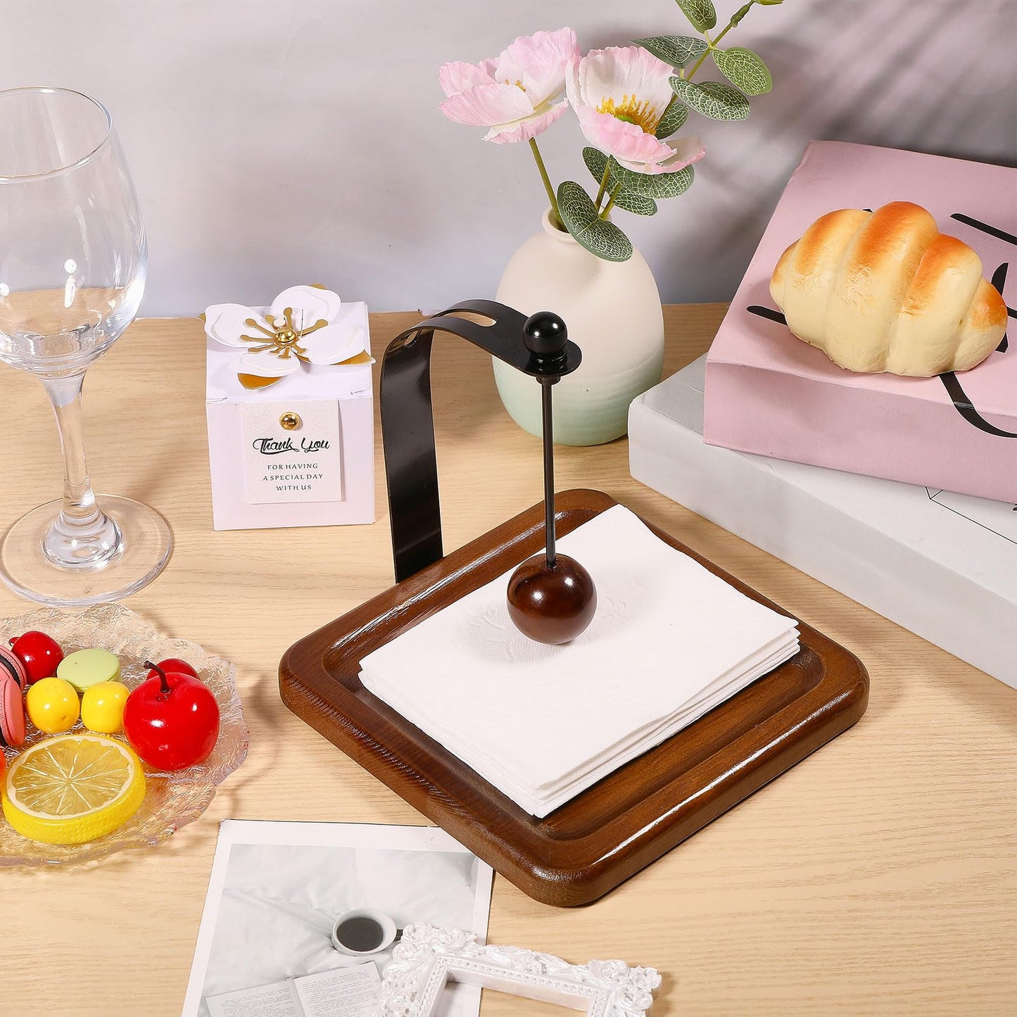 GLOBLELAND Wood Napkin Holder for Table 5.6"x5.6" Napkin Dispenser with Metal Weighted Arm Wooden Ball Square Cocktail Paper Holder for Kitchen Office Restaurant Cafe Home Decor