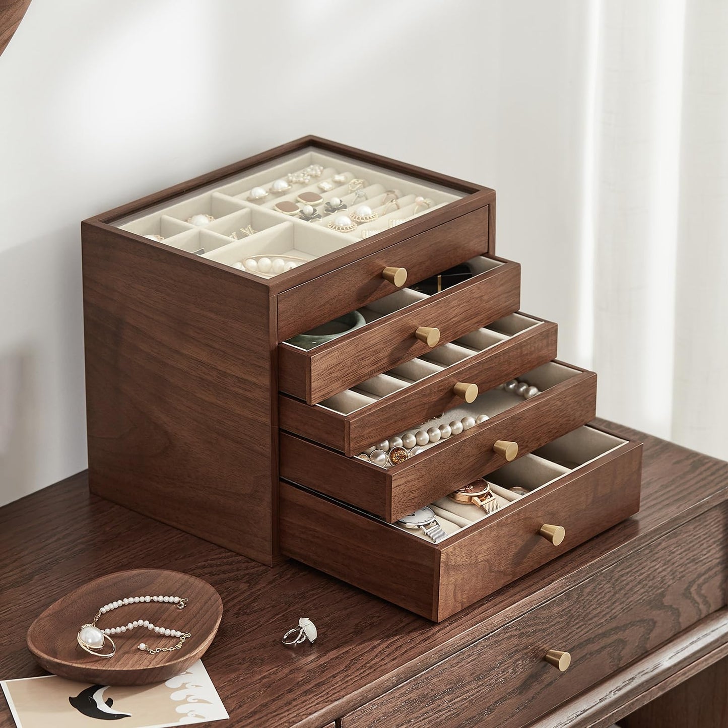 Homruilink Black Walnut Wooden Jewelry Box Women large 5 Layer Drawer Wood Organizer Box with Glass Lid for Necklaces, Watch, Necklace, Ring, Earring Storage - Fathers Day Gift