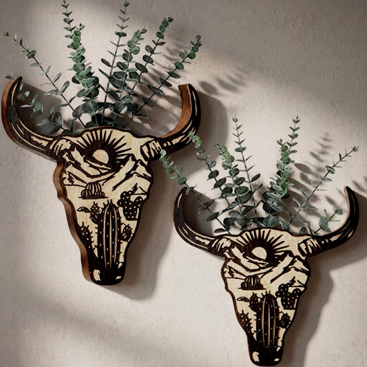 Yiyiring 2 Pcs Western Wall Decoration Wood Cow Skull Wall Planter for Indoor Plants 12 x 8'' Western Flower Hanging Vase for Flower Faux Rustic Home Ornaments for Bathroom Bedroom