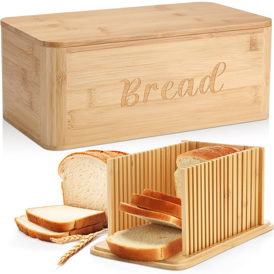 LOYIM Bread Box with Bread Slicer Storage Container for Kitchen Countertop Food Storage with Multifunction Bamboo Lid, 3 in 1 Breadbox Removable Cut Board for Loaf Slicing (Wood Color,Wooden, Bamboo)