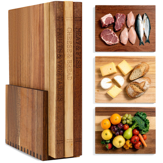 Book Cutting Board Set with Wooden Stand-Wooden Kitchen Cutting Boards That Look Like Books for Vegetables Cheese Meat,3pcs Chopping Board Gift Set for Home Cooks & Kitchen Decor