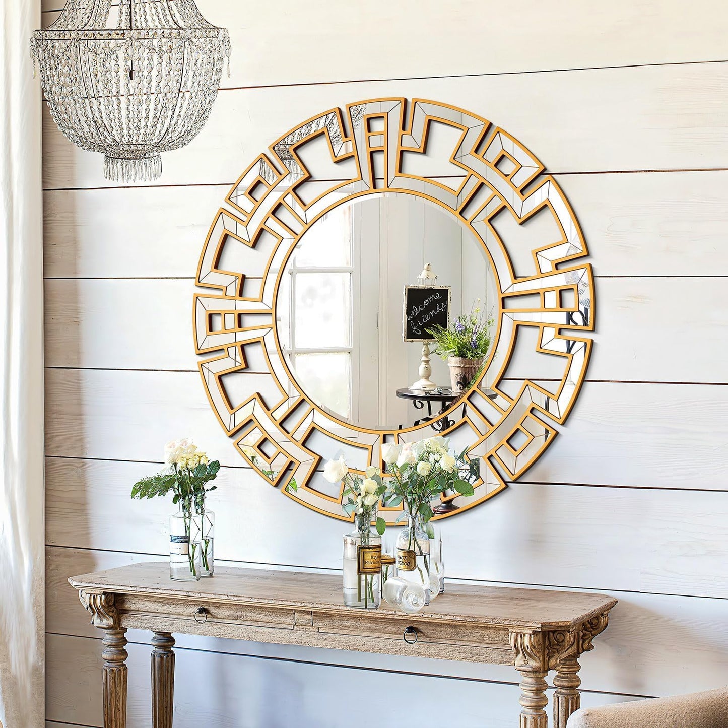 Chende Gold Mirror with Wooden Frame, 36'' Round Mirror for Wall Decorative, Large Wall Mirror for Living Room, Entryway, Fireplace