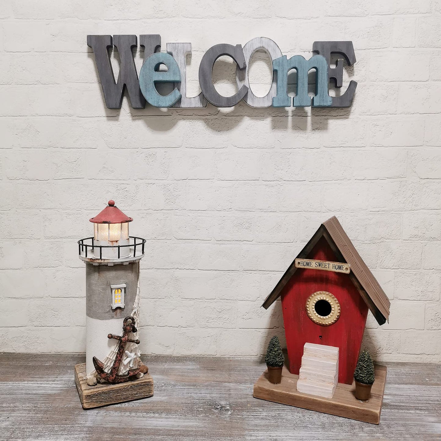 Linfevisi Wooden Welcome Sign Aqua Hanging Block Letters Sign Rustic Freestanding Wood Word Decor Decorative Welcome Table Sign Cutout Word Art Wall Decor (Welcome)