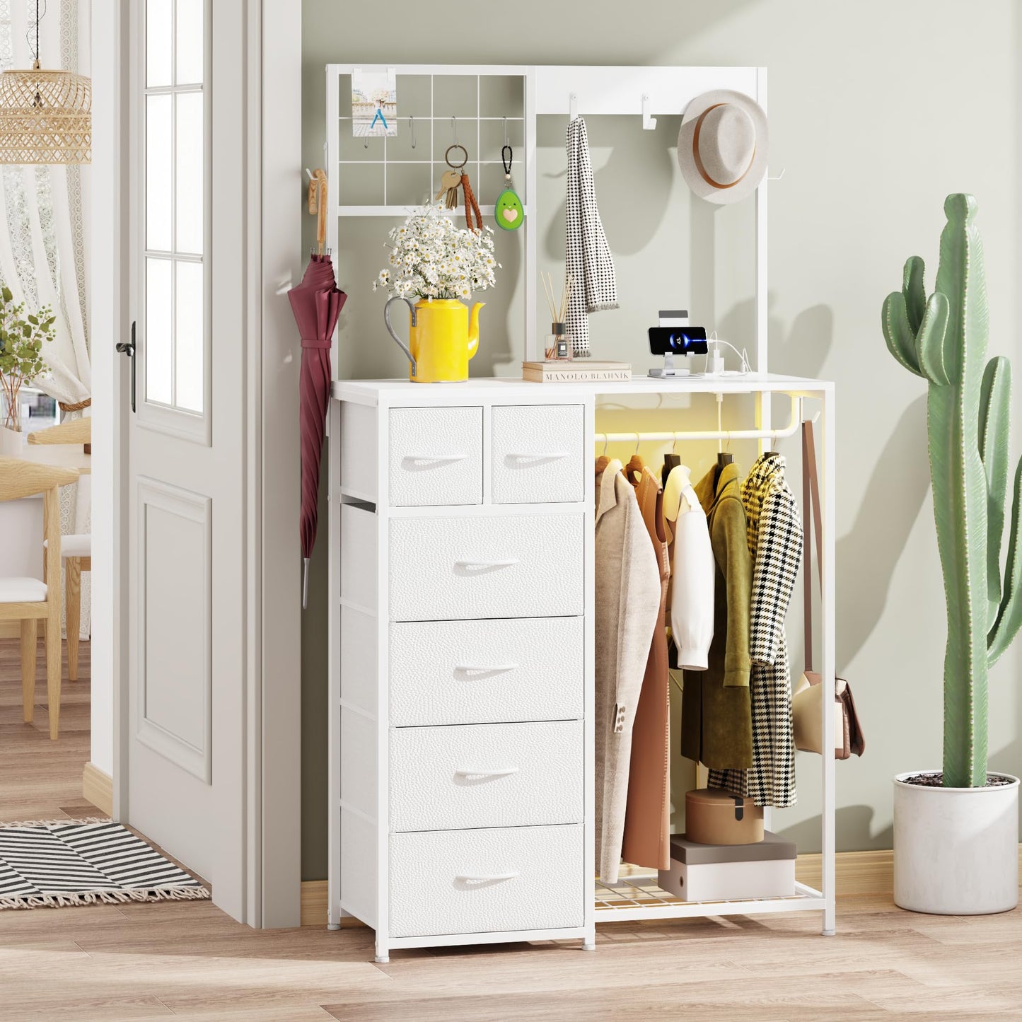 YAOHUOO Dresser with Hanging Rack, 6 Drawers Dresser with Charging Station, LED Light, Clothes Rack, Shoe Racks and Side Hooks for Entryway, Bedroom, White