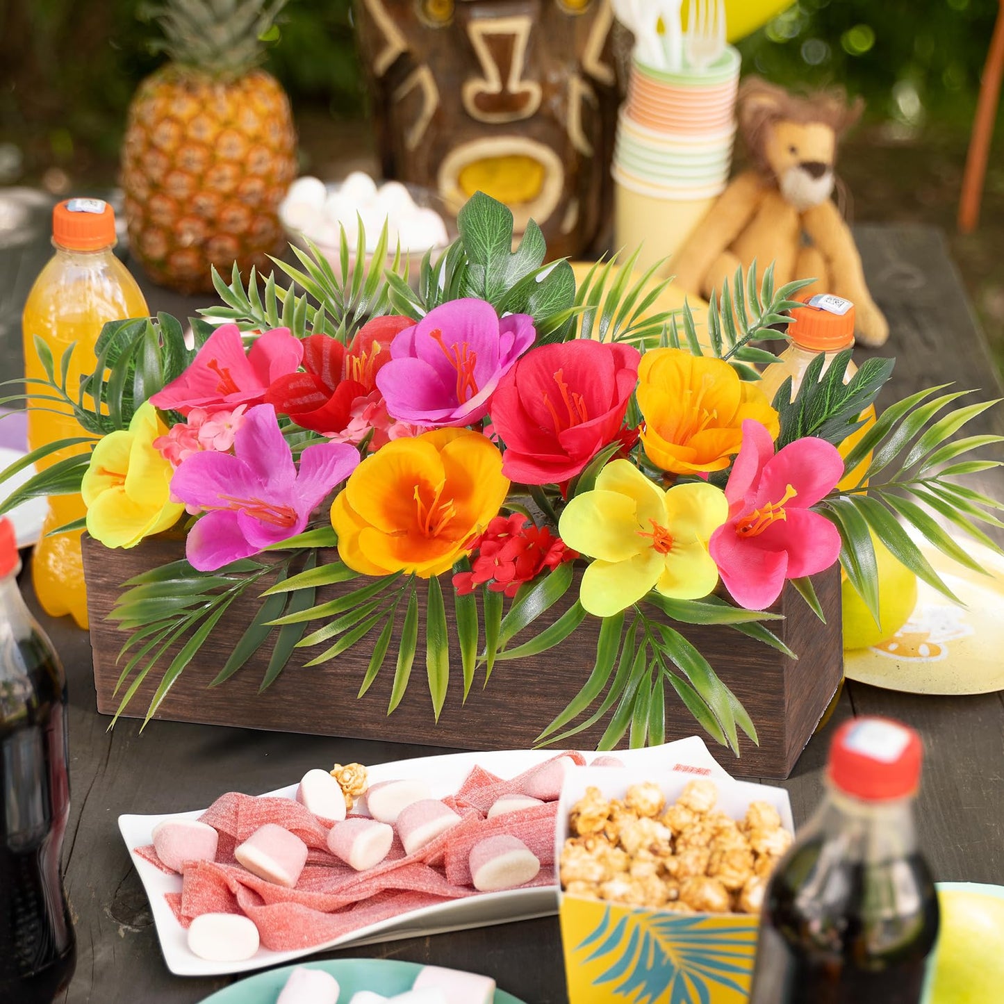 Dlerom Hawaiian Table Centerpieces Artificial Hibiscus Flowers Arrangements Wooden Crate, Wooden Planter with Tropical Palm Leaves for Summer Beach Tiered Tray Shelf Table Home Aloha Luau Party Decor