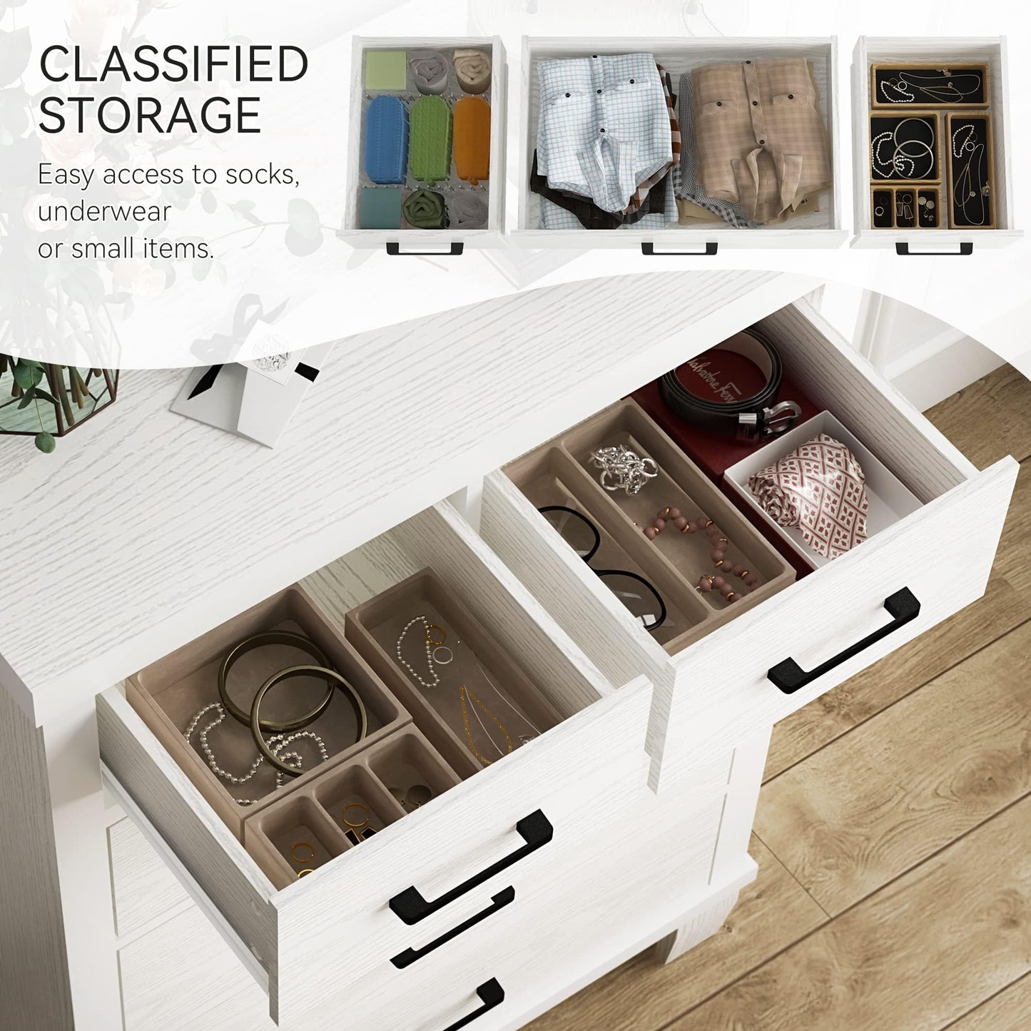 IDEALHOUSE Dresser for Bedroom with 6 Drawers, 45" Tall White Chests of Drawers with Storage, Wooden Dresser for Closet, for Bedroom, Living Room, Entryway