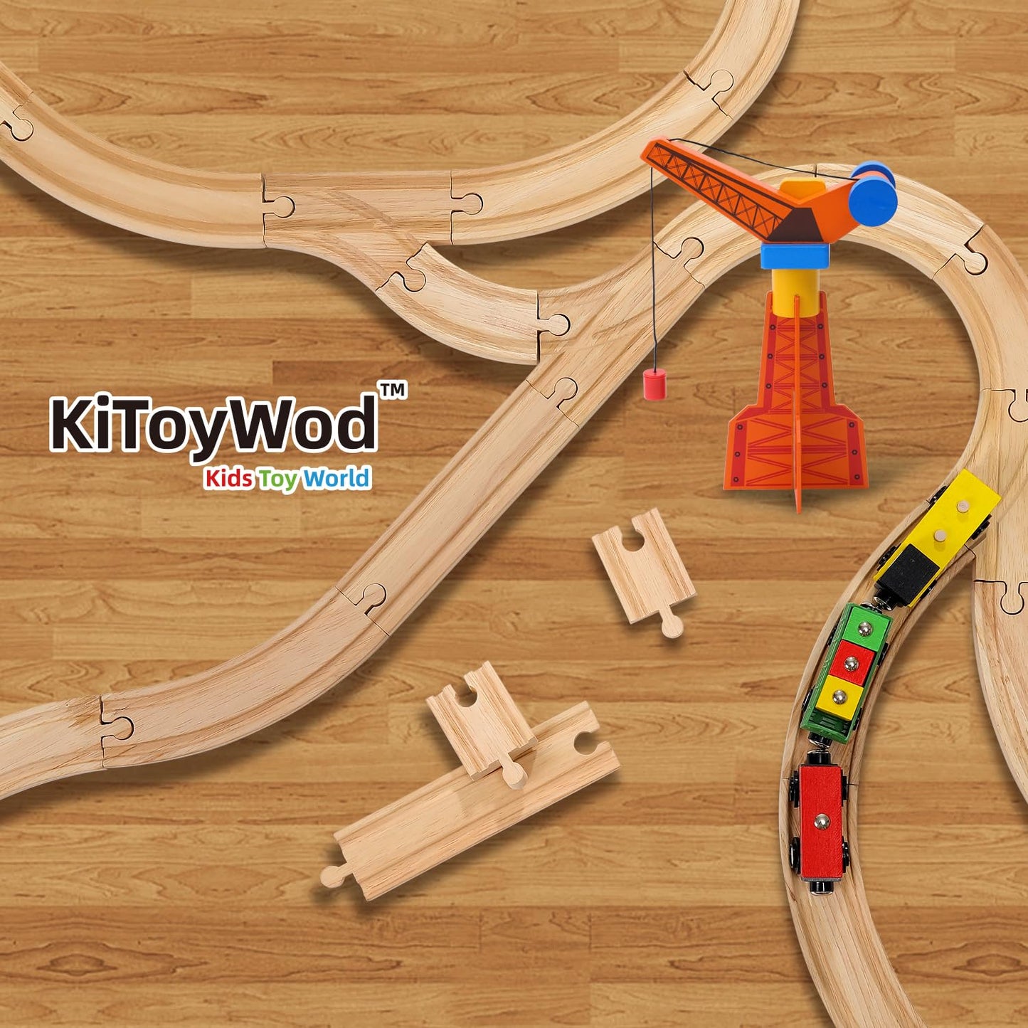 KiToyWod Wooden Train Track Set 62pcs, Wood Railway Systems Accessories Expansion Pack with Train + Crane, for 3-10 Years Toddlers Birthday Gift, Christmas Toys, Compatible with Major Brands (62 PCS)