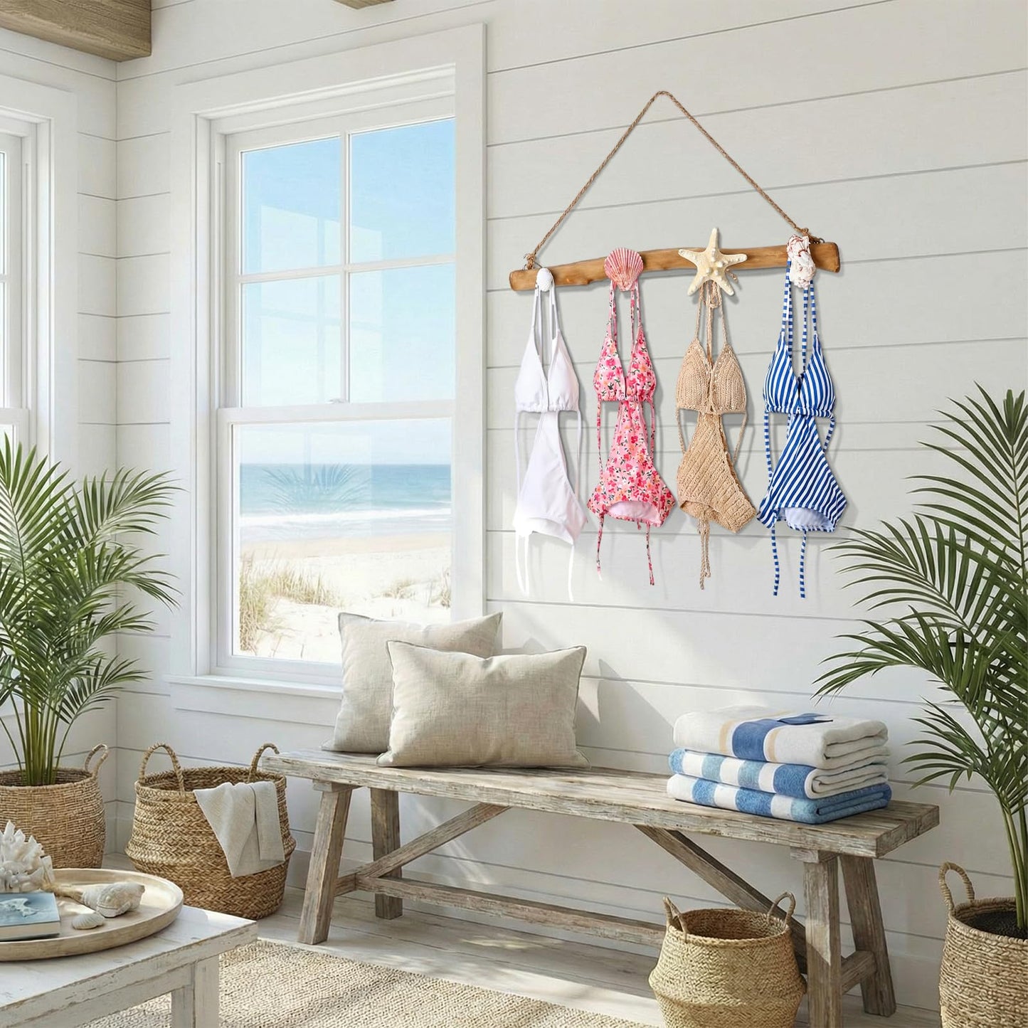 Gerrii 16 Inch Seashell Bikini Rack Driftwood Wall Mounted Hook Swimsuit Organizer Coastal Wooden Coat Rack for Summer Ocean Theme Beach Bathroom House Decor Swimming Pool(Classic)