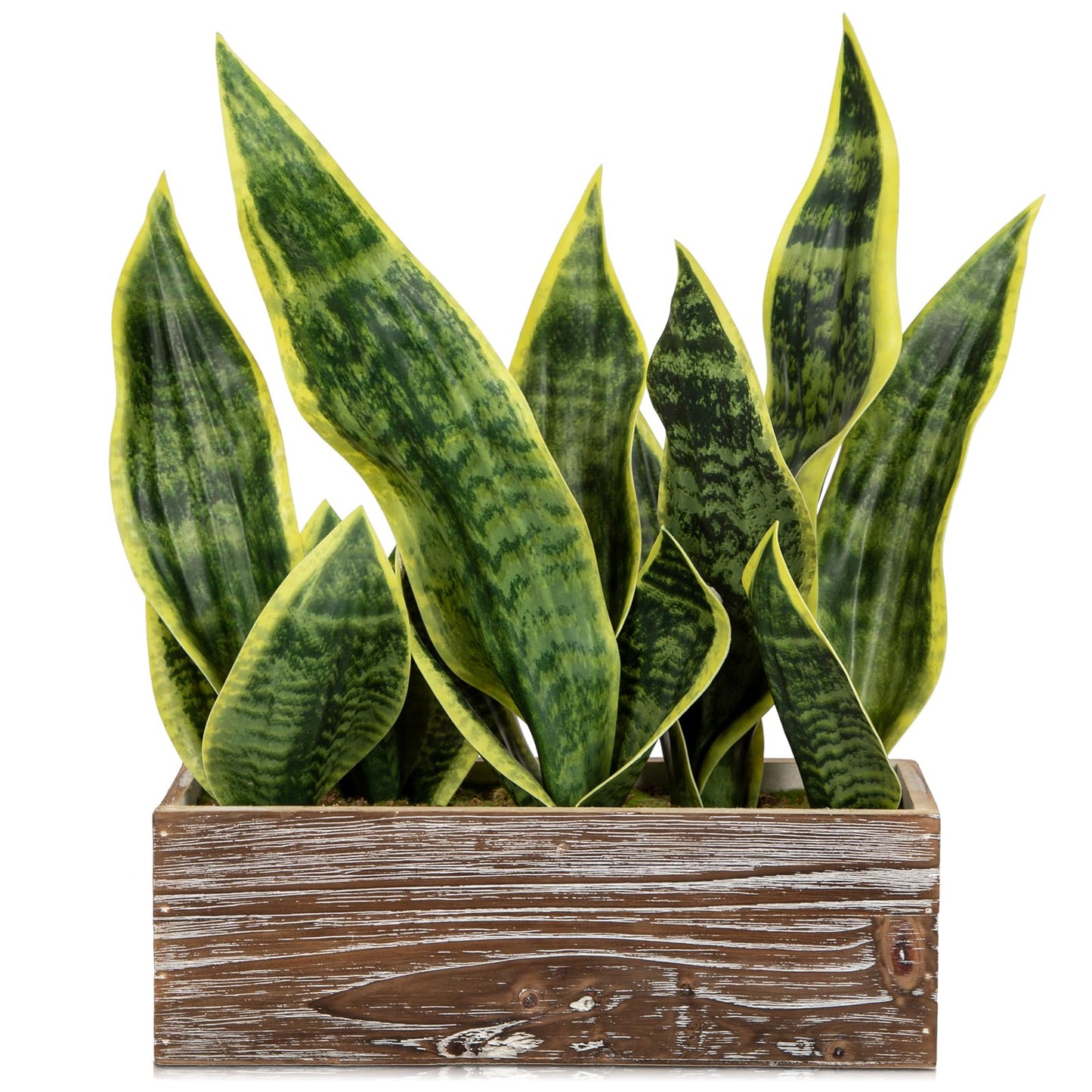 Fake Snake Plant in Rustic Wooden Planter 15.7 Inch Tall Artificial Sansevieria Trifasciata Plants Faux Potted Tropical Plant for Farmhouse Housewarming Home Office Modern Indoor Outdoor Decor