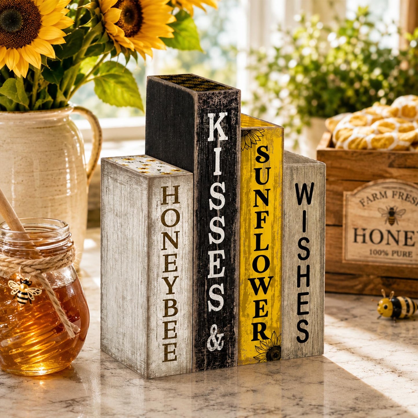 Lineshading 4 Pcs Summer Table Decoration Wooden Book Sunflower Decoration Yellow and Black Summer Tiered Tray Decor Wood Book Stack Farmhouse for Home Shelf Coffee Table