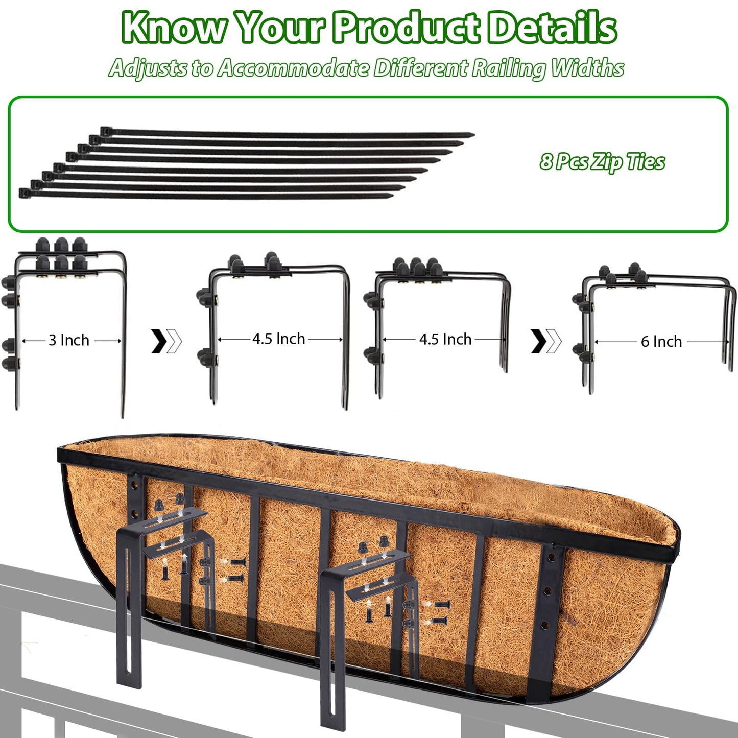 LCHUANG Railing Planter Window Box - 2 Pack 30 Inch Deck Balcony Rail Planter with Coconut Coir Liner, Fence Metal Hanging Flower Planter Basket Deck Railing Planter Boxes for Outdoor Garden